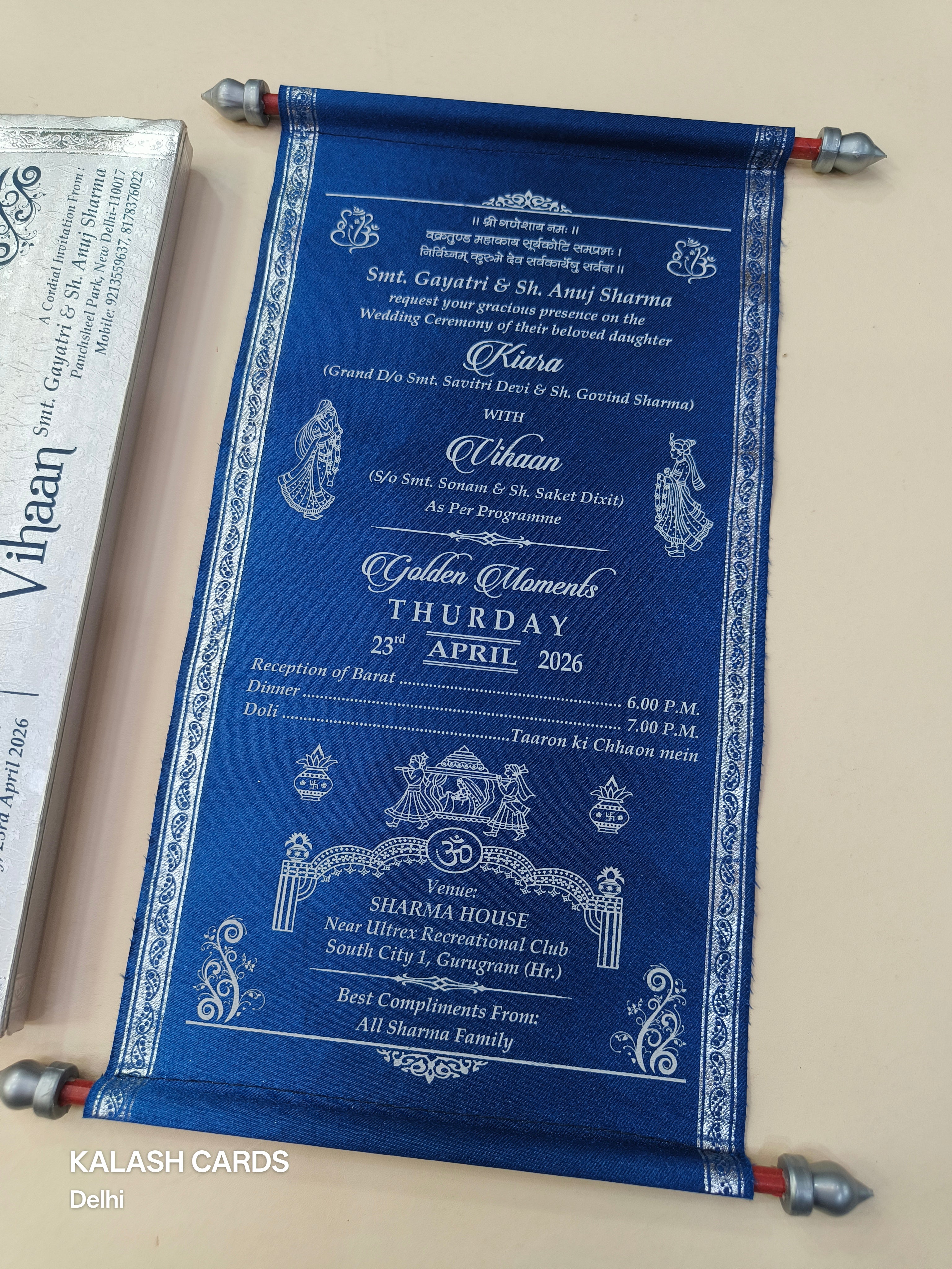 KL9 Satin Fabric Scroll Wedding Card with Box-Kalash Cards