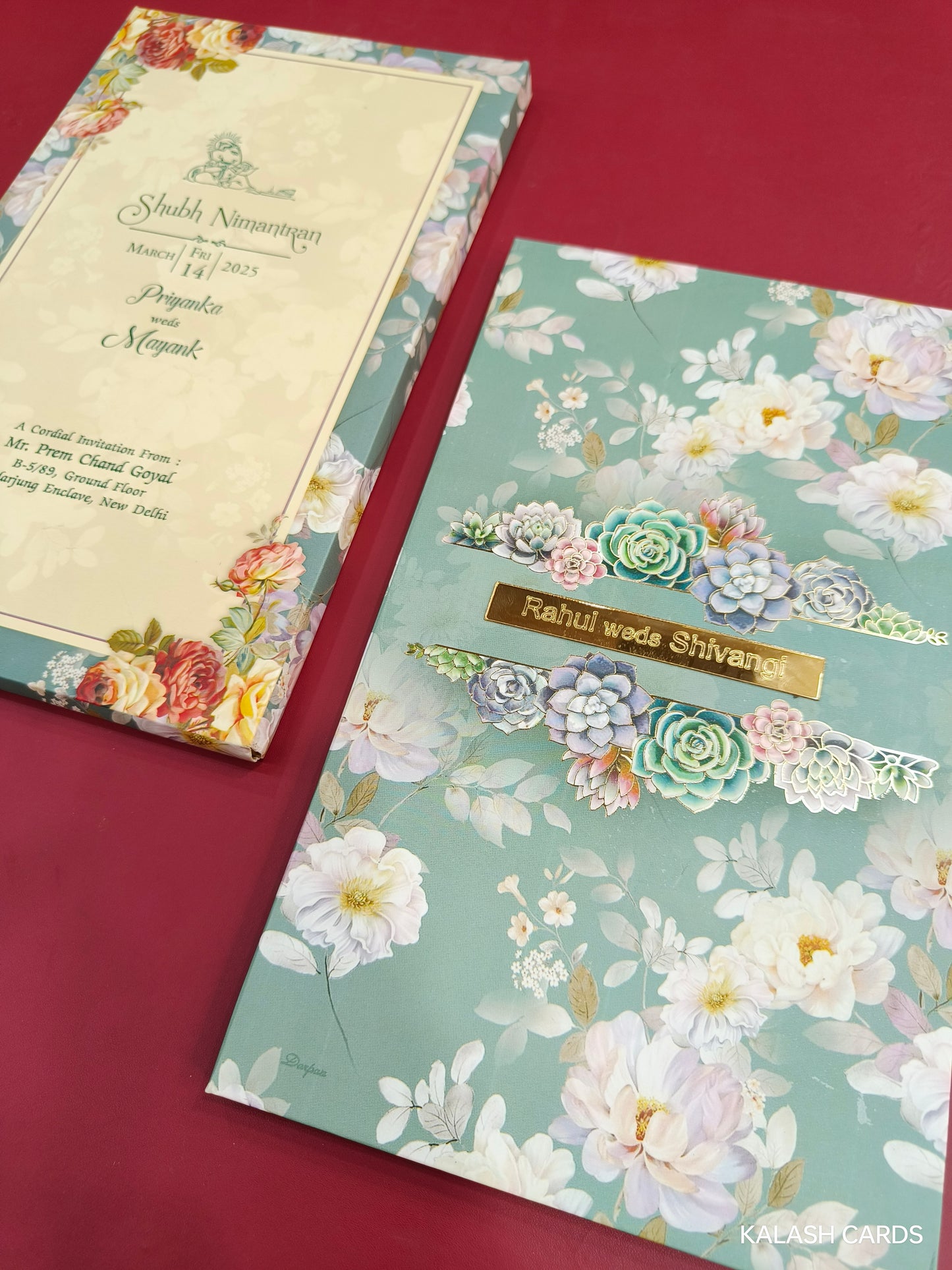 KLB733 Floral Design Hardbound Padding Thick Wedding Card with Couple Name Acrylic Mirror-Kalash Cards