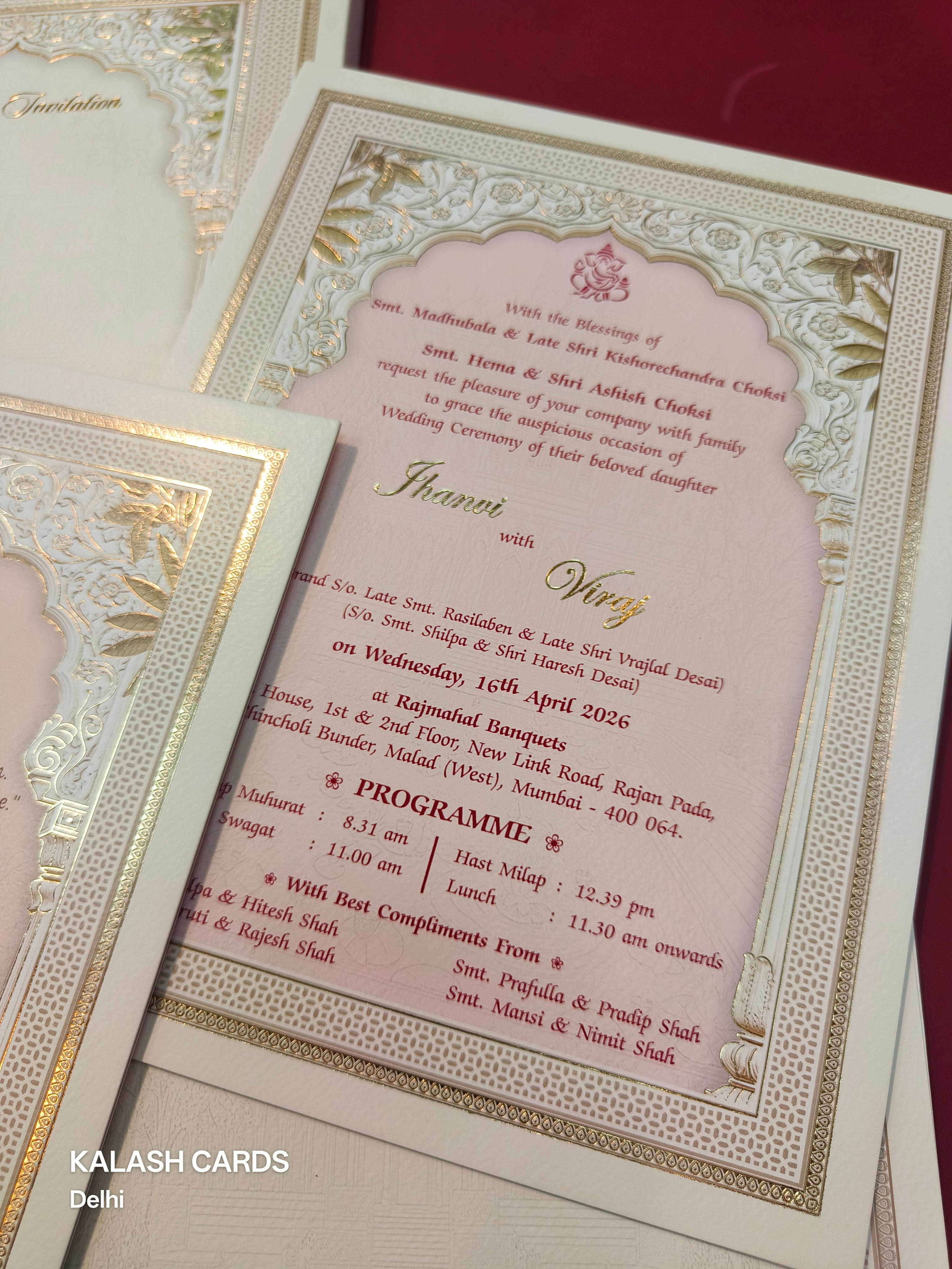 KLB522 Jharokha Raja Rani Theme Laser Cut Work Hardboard Padding Thick Wedding Card (2 Thick Page)-Kalash Cards