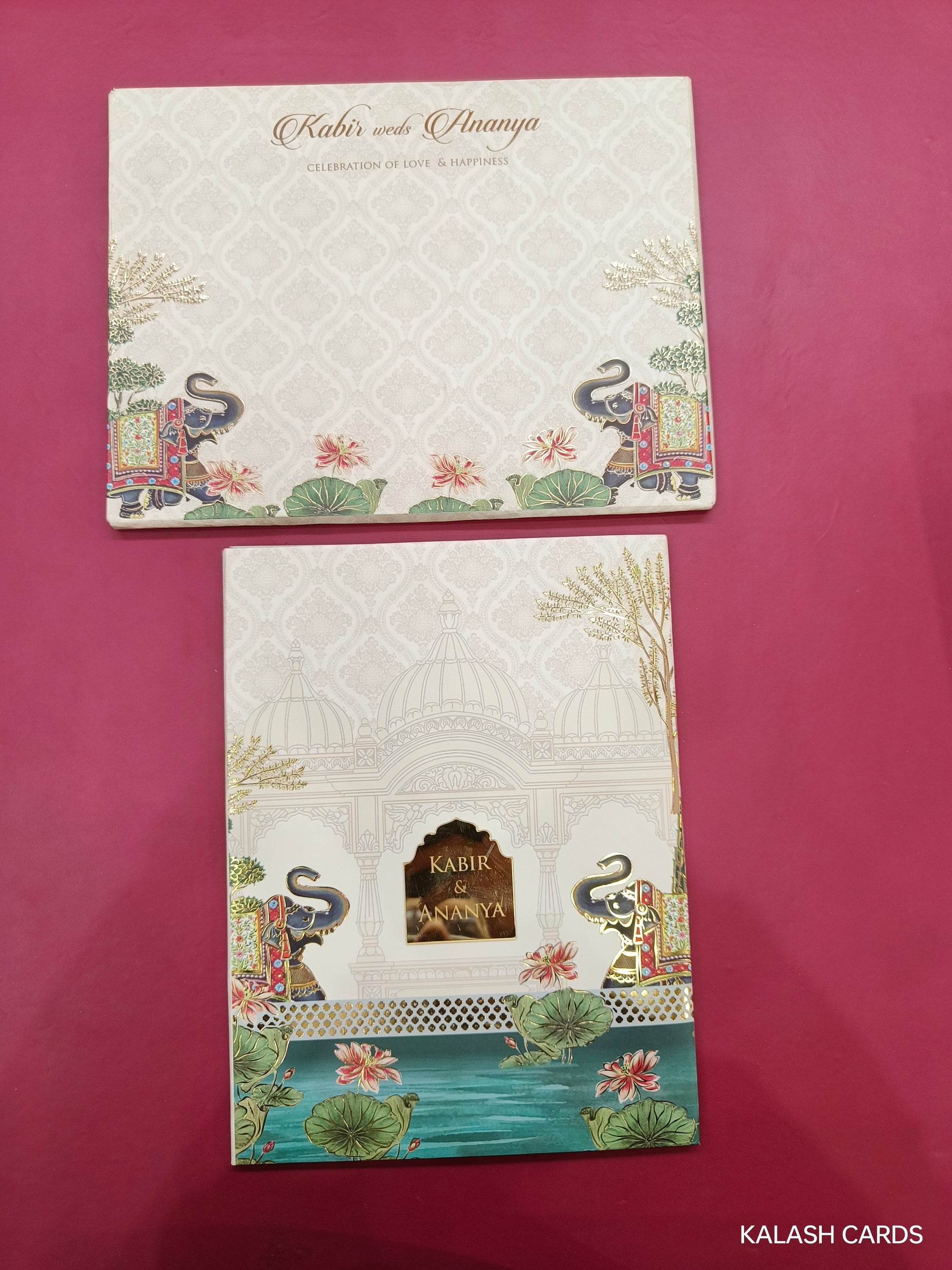 KLB703* Traditional Elephant Design Hardbound Padding Thick Wedding Card with Couple Name Acrylic Mirror-Kalash Cards