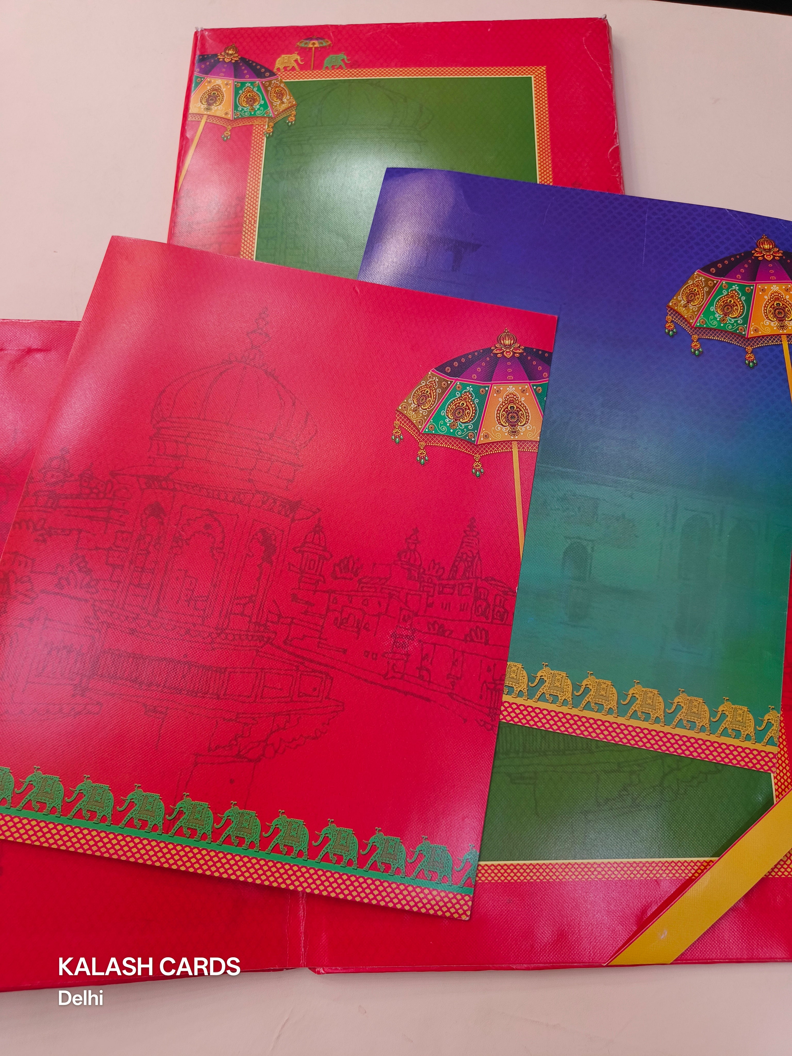 KL0167 Umbrella Elephant Design Hardboard Padding Thick Wedding Card with 2 Inserts and Envelope-Kalash Cards