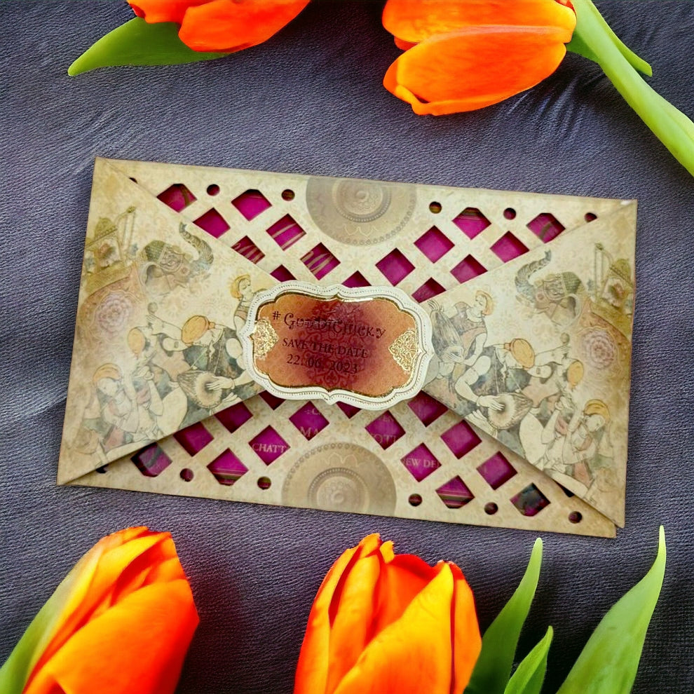 KLB514 Four Fold Laser Cut Paper Wedding card-Kalash Cards