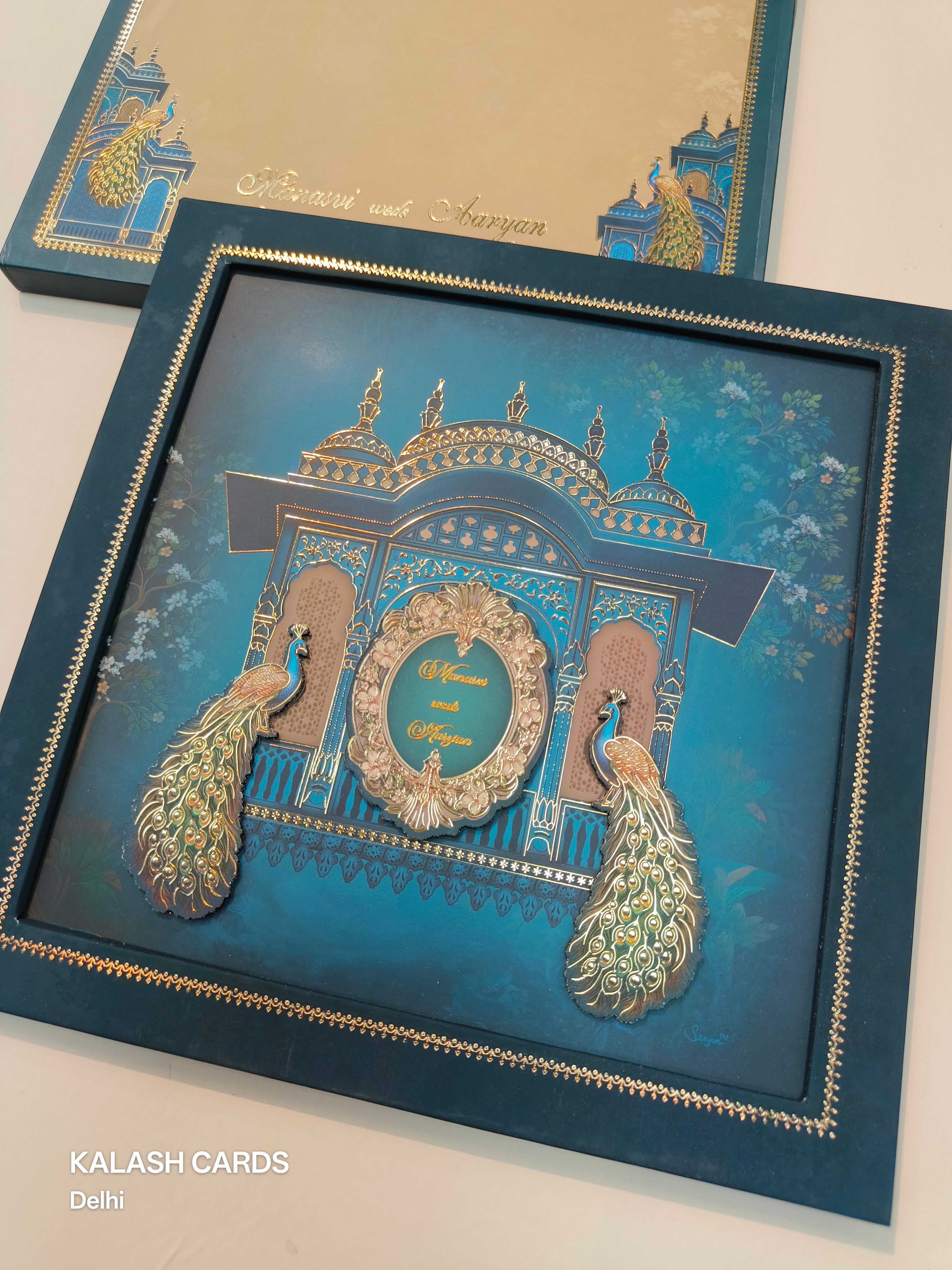 KLB515 Royal Blue Peacock Theme Glitter Gold Laser Cut Work Hardboard Padding Thick Wedding Card (2 Thick Page)-Kalash Cards