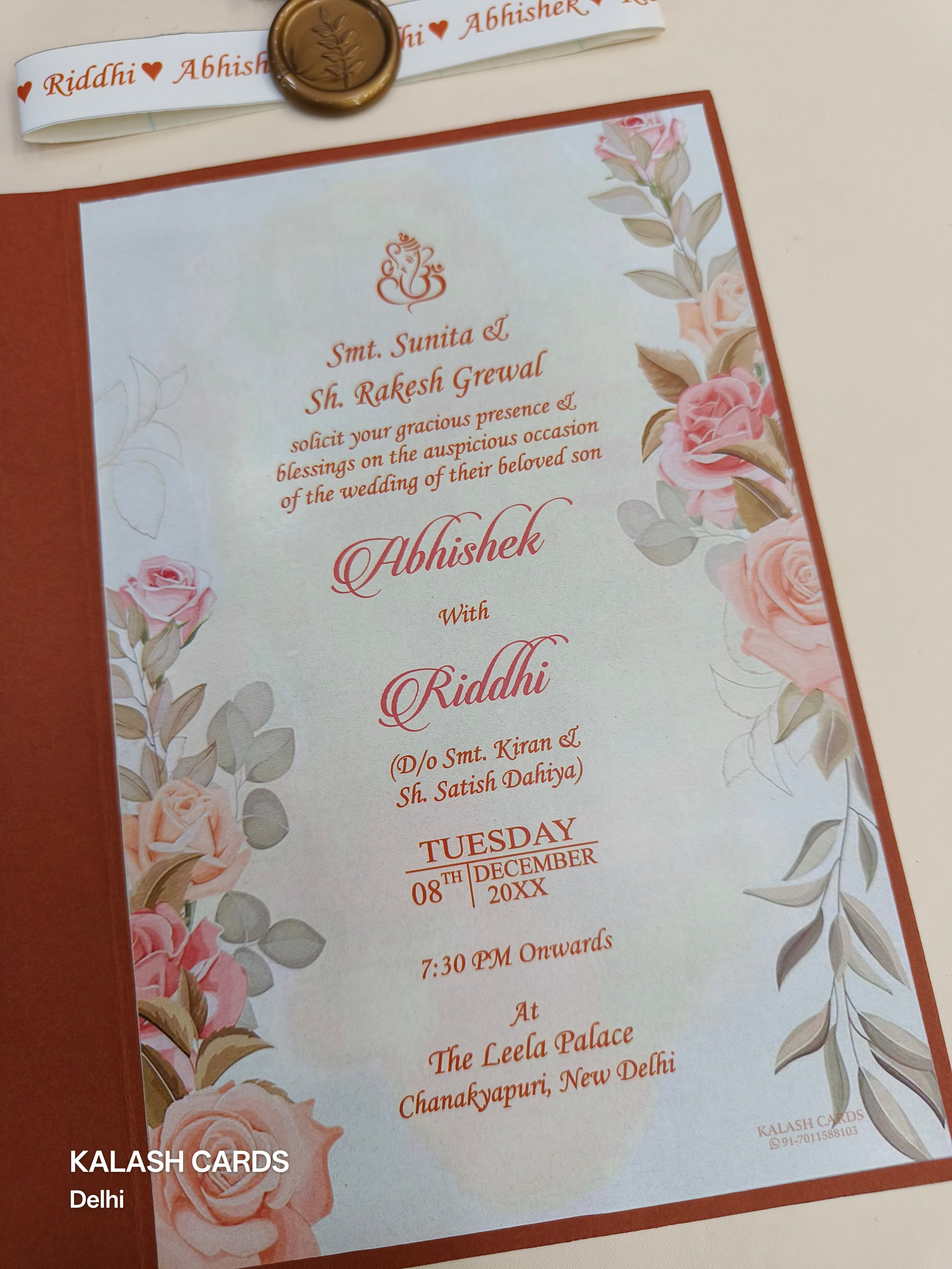 KL2159 Floral Theme Minimal Wedding Card with Flower Seal & Band (1 Page) - Pack of 10 Qty-Kalash Cards