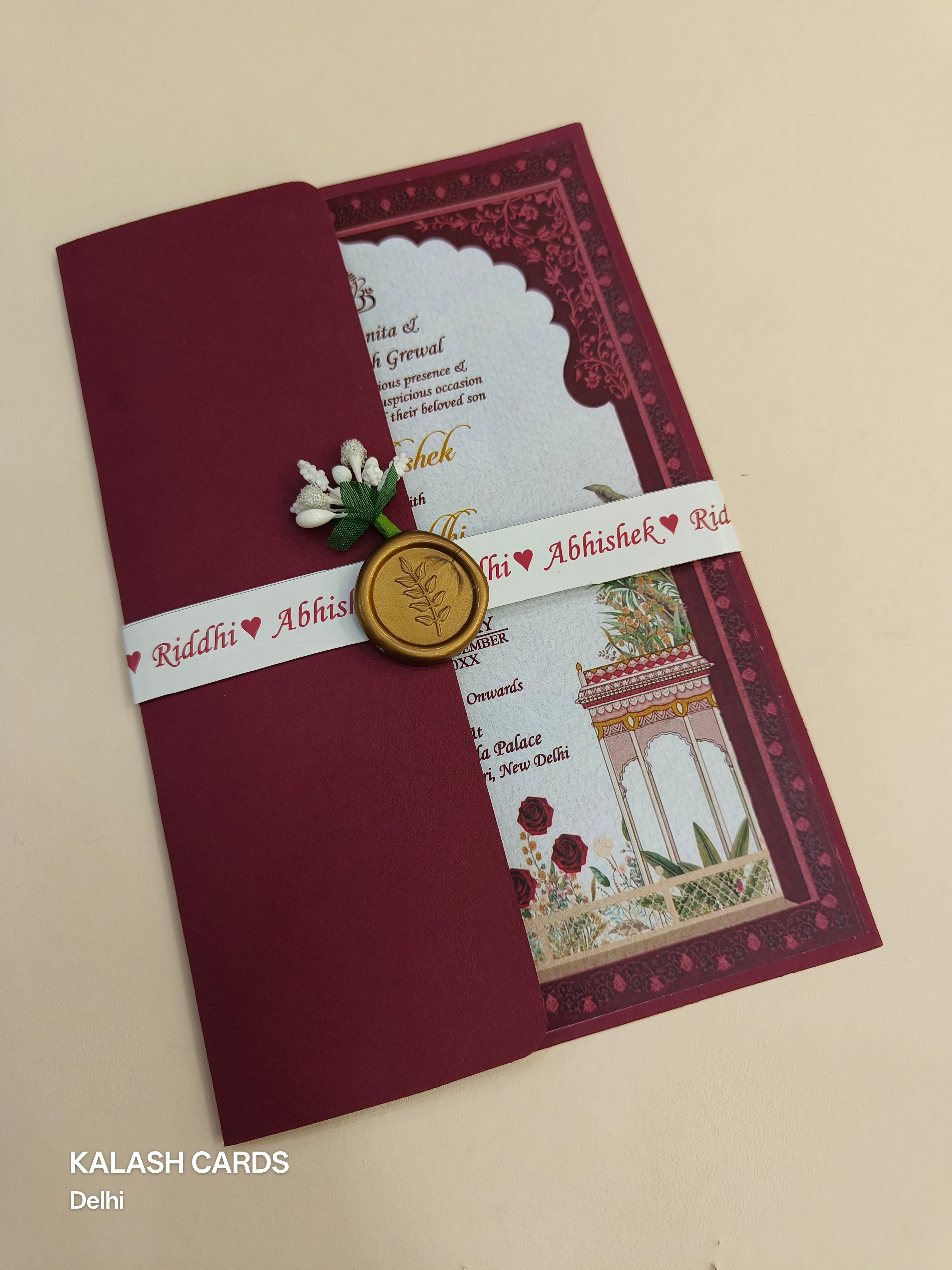 KL2171 Floral Theme Minimal Wedding Card with Flower Seal & Band (1 Page) - Pack of 10 Qty-Kalash Cards