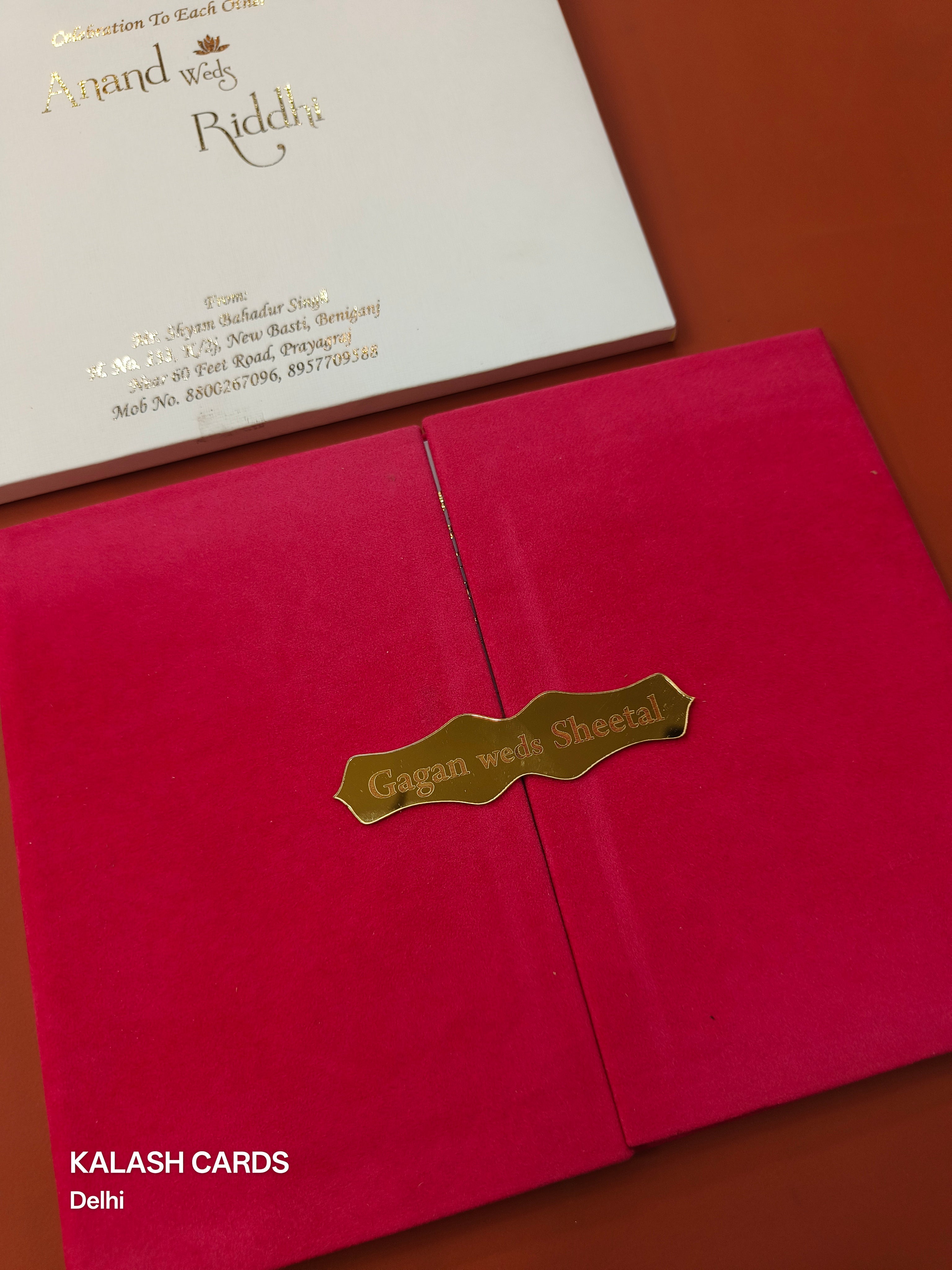 KLB1505 Luxury Velvet Gold Foil Print Hardboard Wedding Card (2 Page)-Kalash Cards