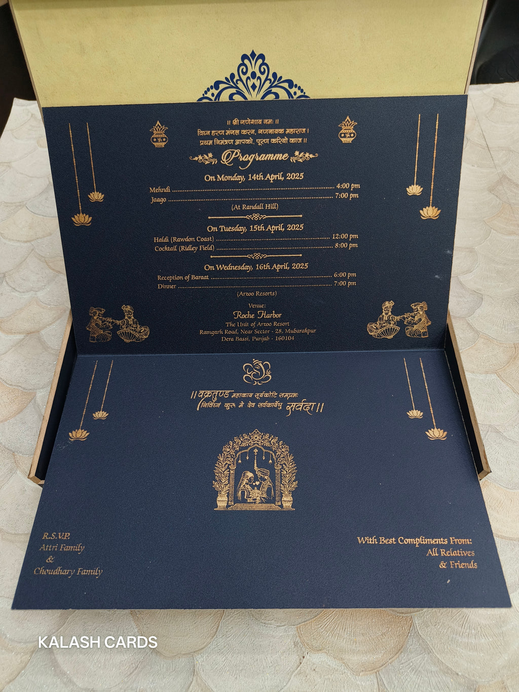 KL9003 Royal Blue Floral Design Lasercut Wedding Box with Laser Cut Couple Name and 2 Fold Page Card-Kalash Cards