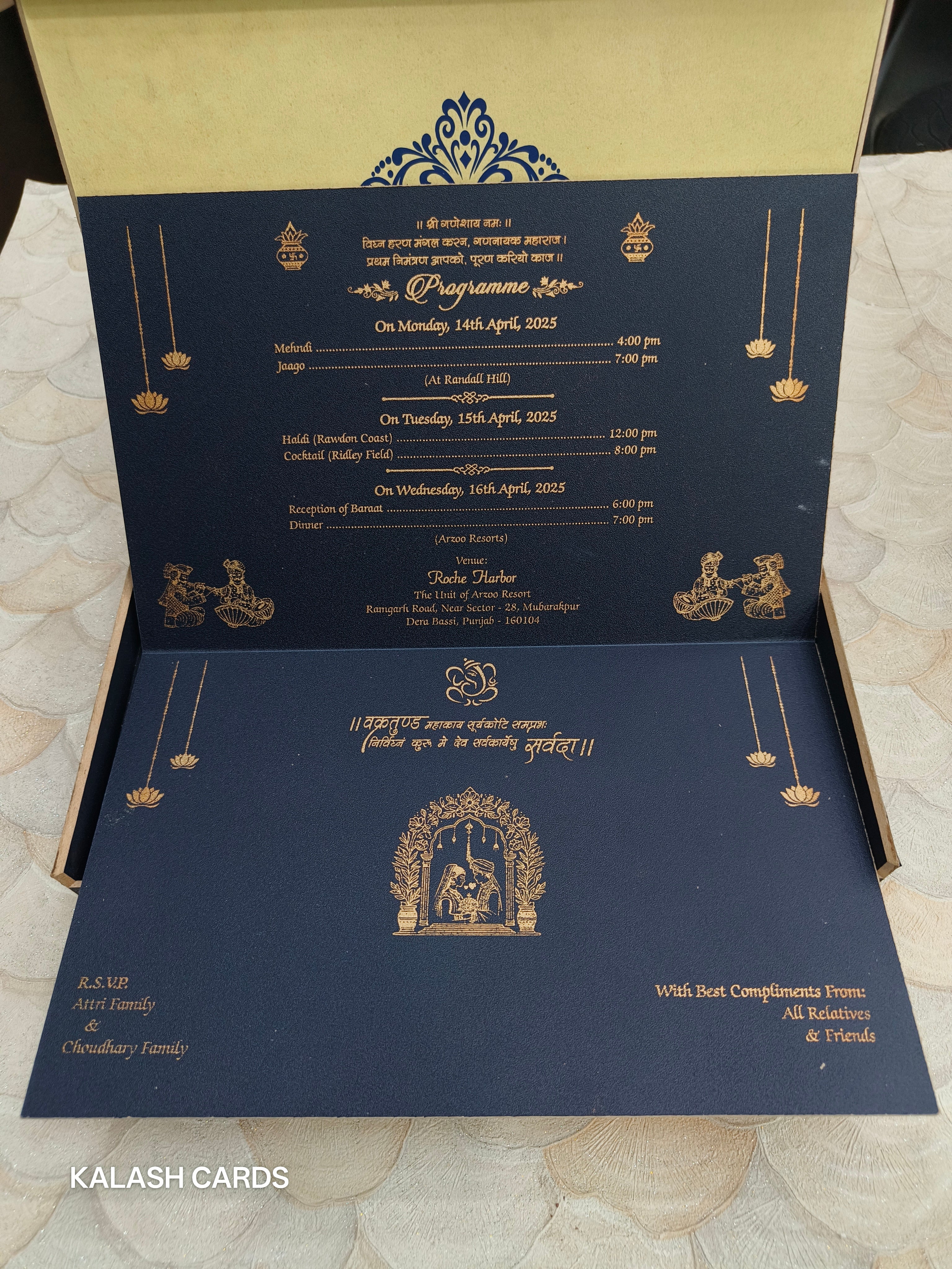 KL9003 Royal Blue Floral Design Lasercut Wedding Box with Laser Cut Couple Name and 2 Fold Page Card-Kalash Cards