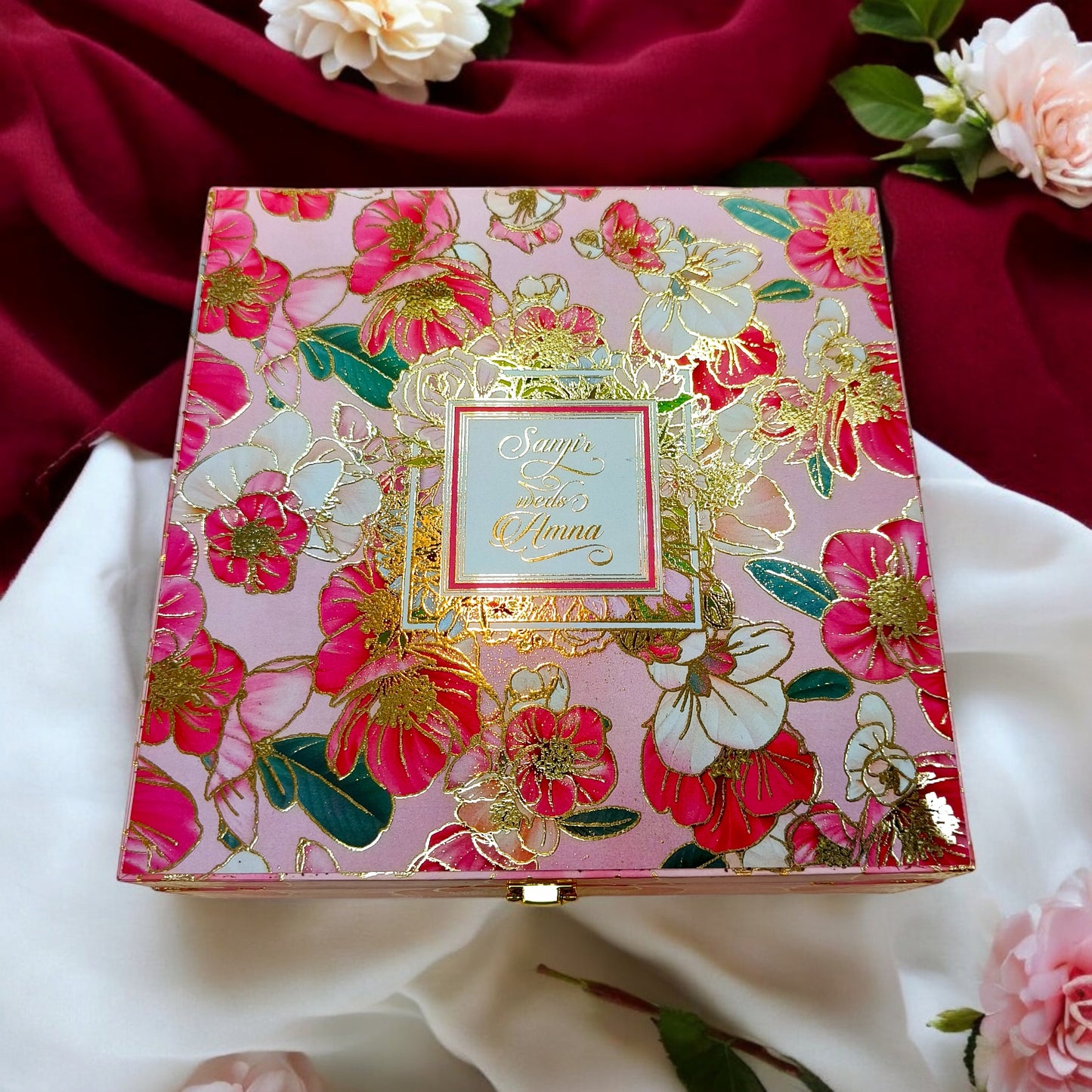 KL9039B Red Floral Design Luxury MDF Gift Box with 2 Foil Printed Inserts (2 Jars)-Kalash Cards