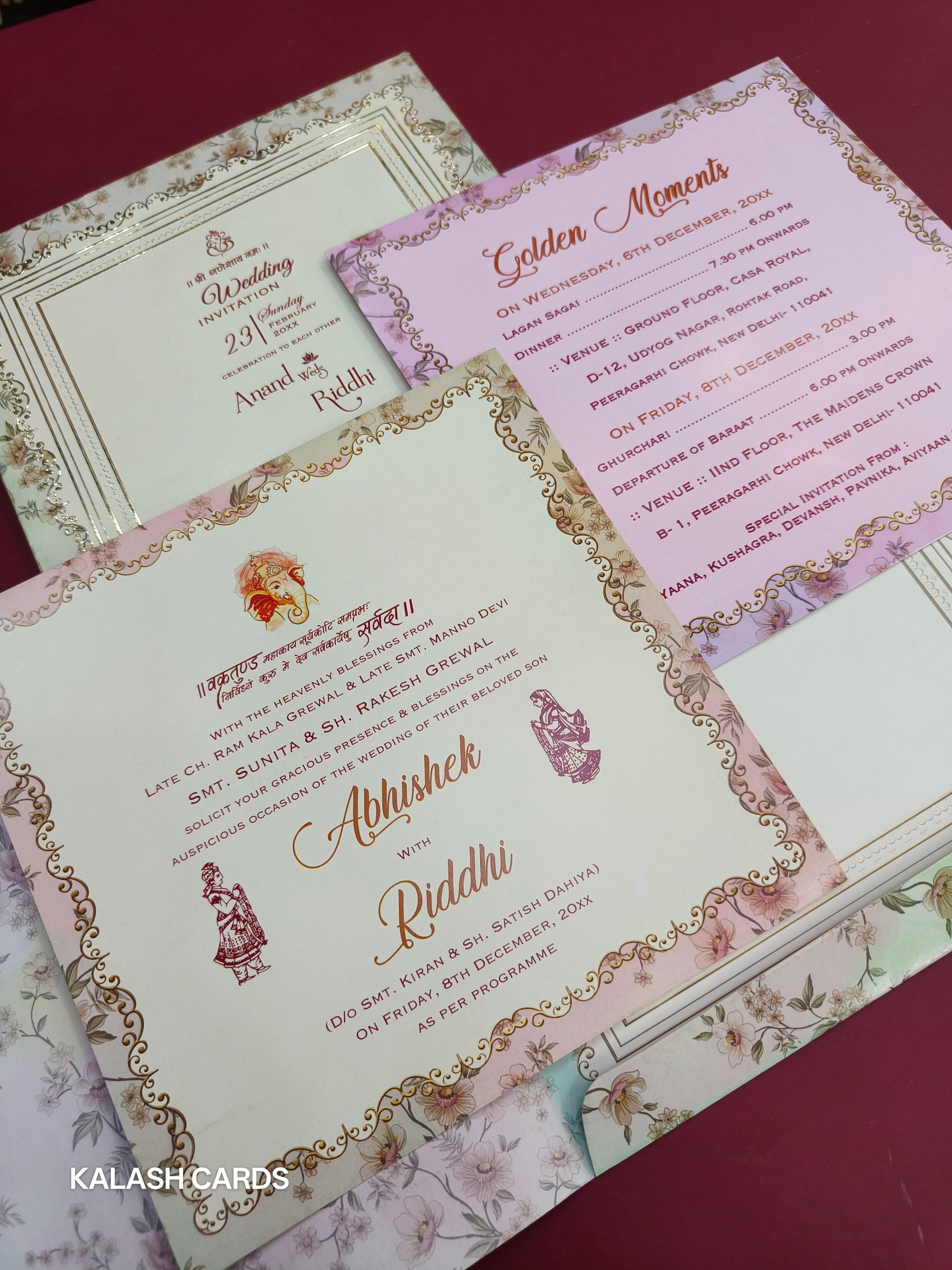 KLB504 Floral Design Semi Box Paper Wedding Card (2 Page)-Kalash Cards