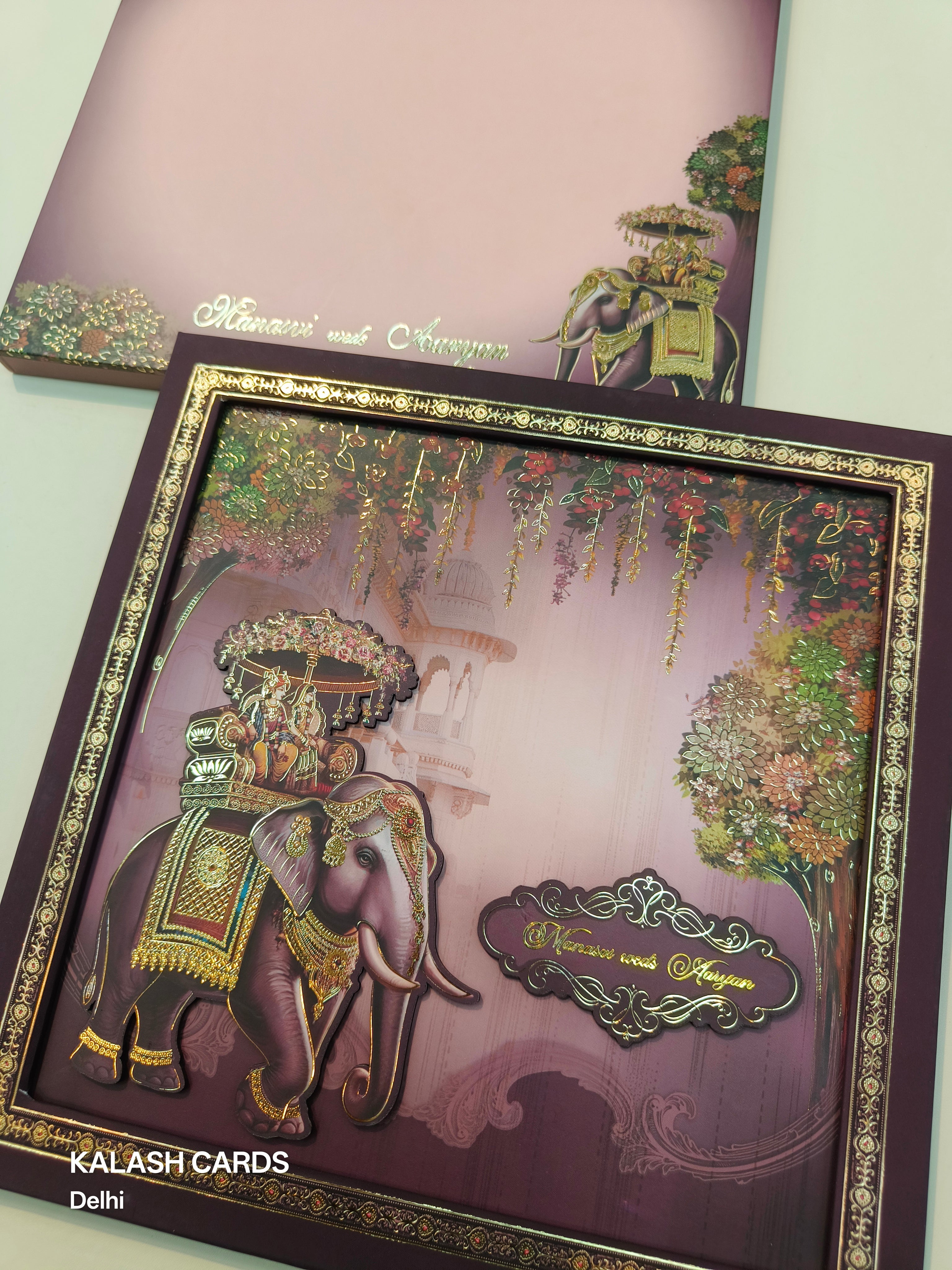 KLB512 Royal Barat Theme Glitter Gold Laser Cut Work Hardboard Padding Thick Wedding Card (2 Thick Page)-Kalash Cards