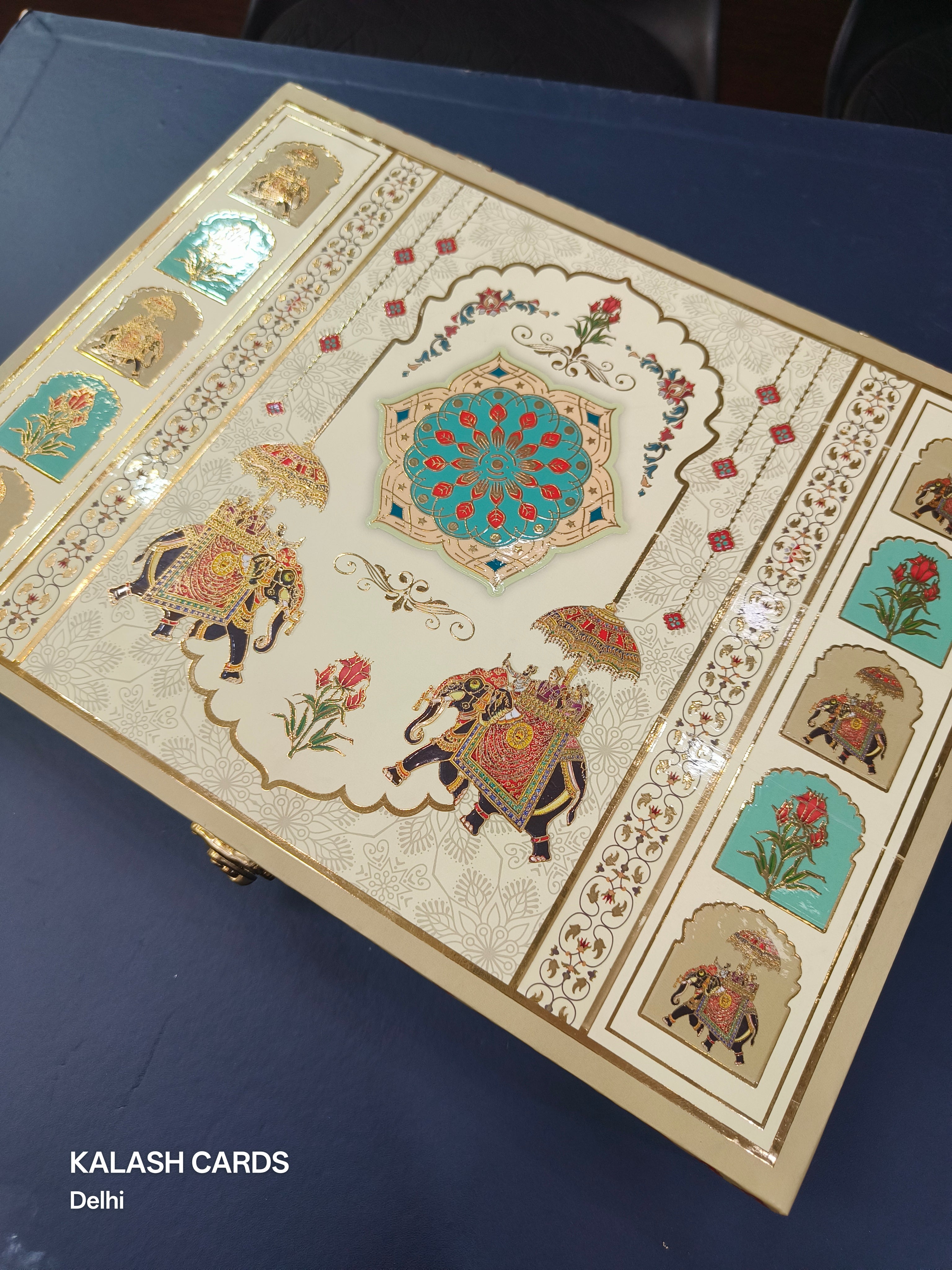 KL9032 Royal Elephant Design Luxury Gift Box with 2 Printed Page Cards (2 Jars)-Kalash Cards