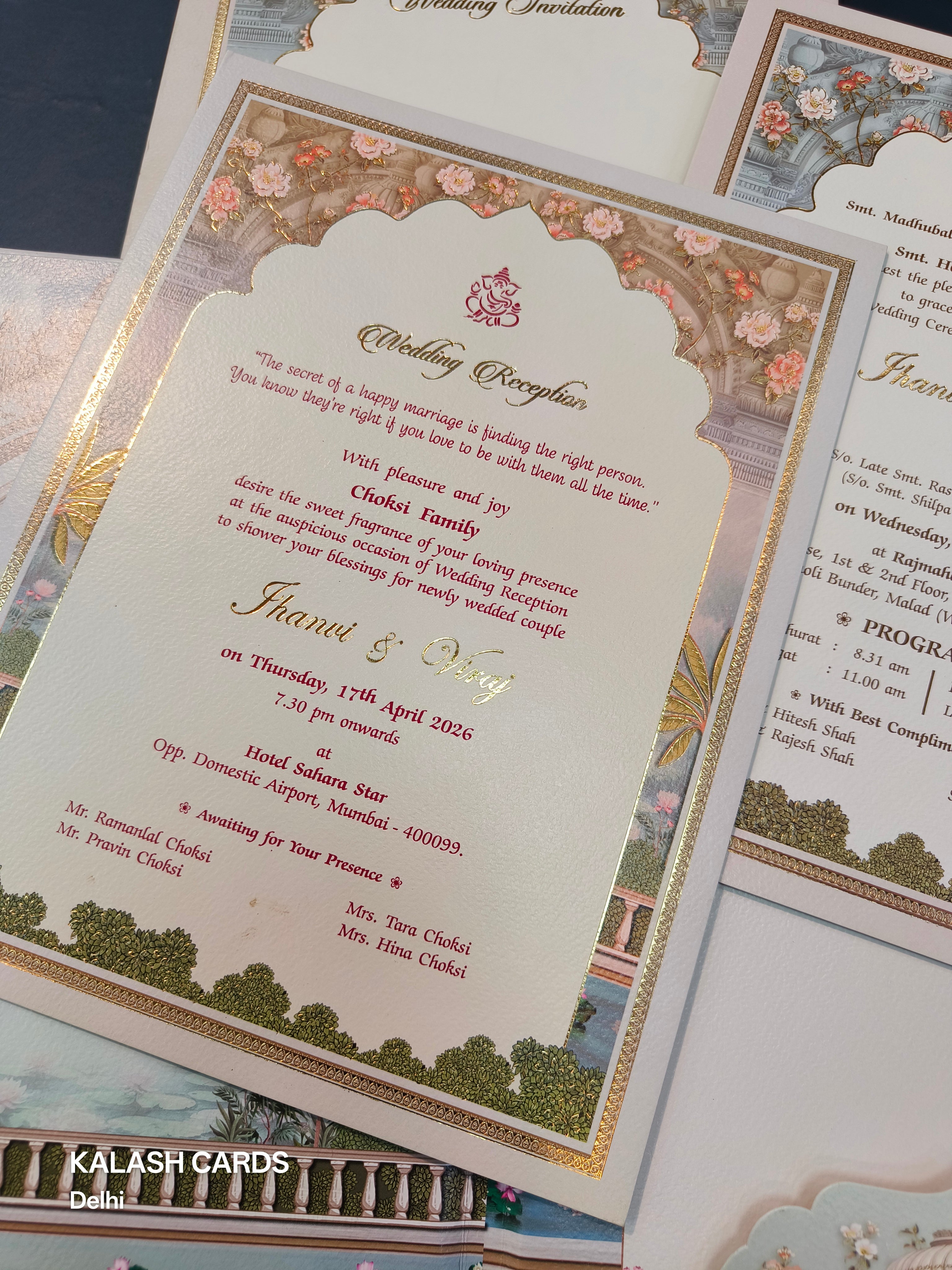 KLB507 Lord Vishnu Laxmi Theme Glitter Gold Laser Cut Work Hardboard Padding Thick Wedding Card (2 Thick Page)-Kalash Cards