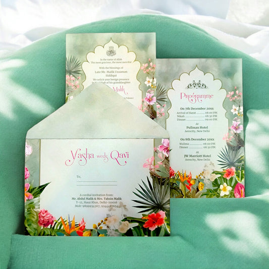 KL2217 Green Floral Border Luxury Wedding Invitation Card with 2 Printed Cards and Matching Envelope-Kalash Cards