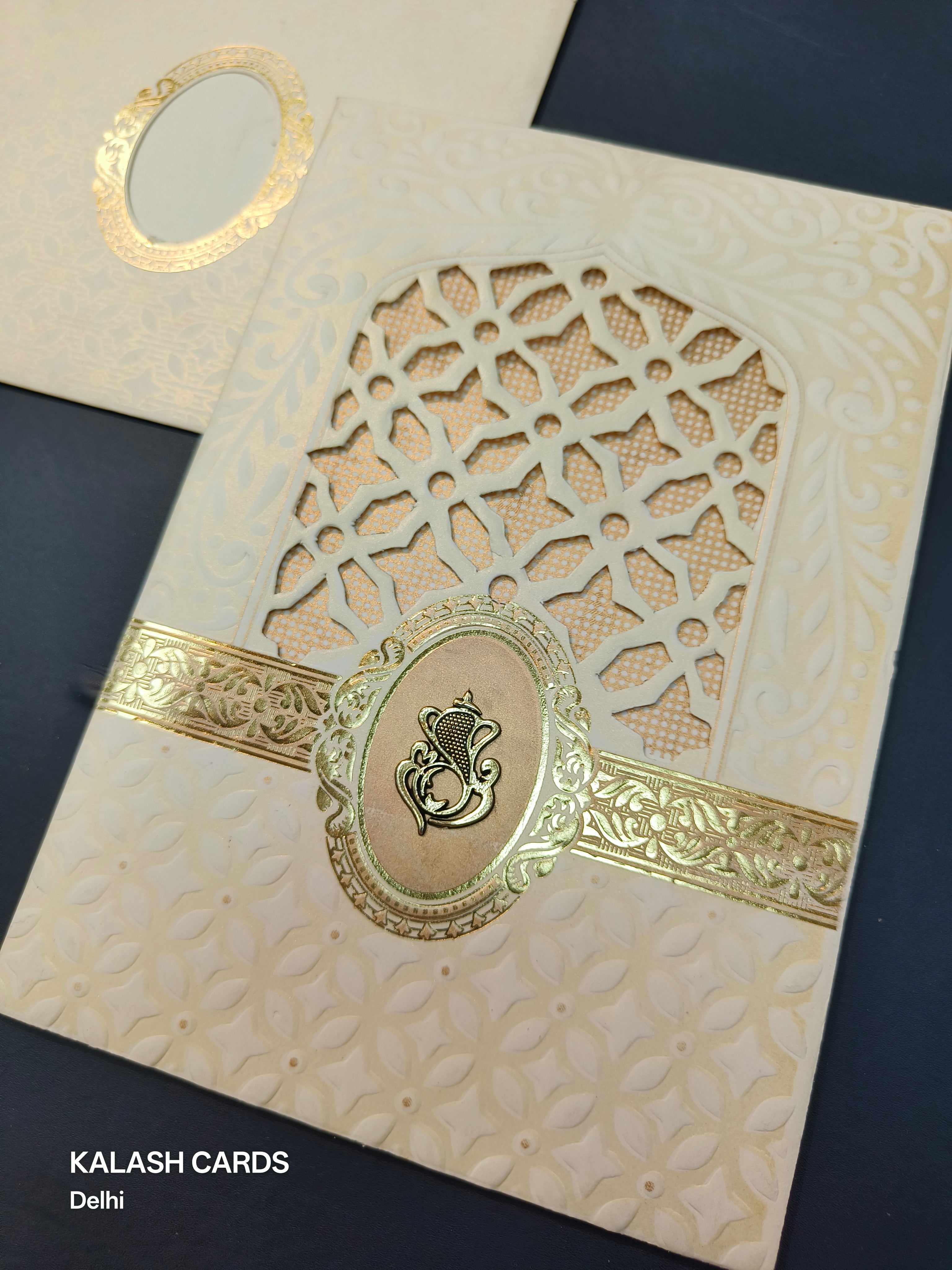 KL0181 Traditional Jharokha Design Laser Cut Paper Wedding Card (2 Page)-Kalash Cards