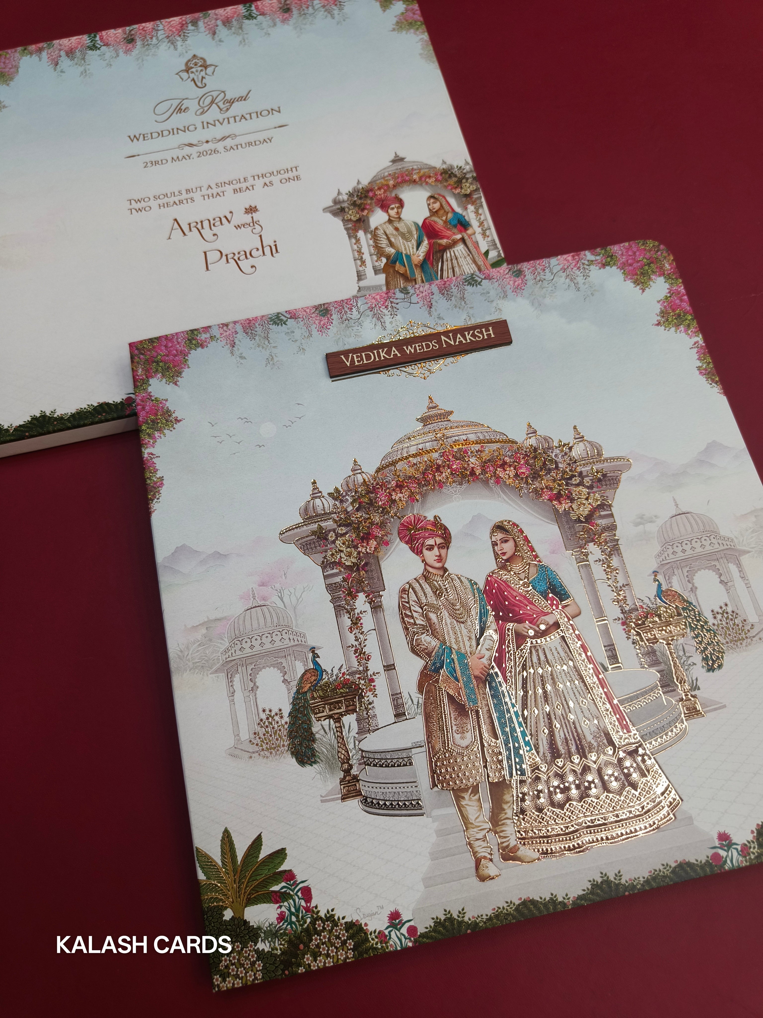 KLB528 Raja Rani Theme Premium Gold Foil Design Semi Box Paper Wedding Card (2 Page)-Kalash Cards