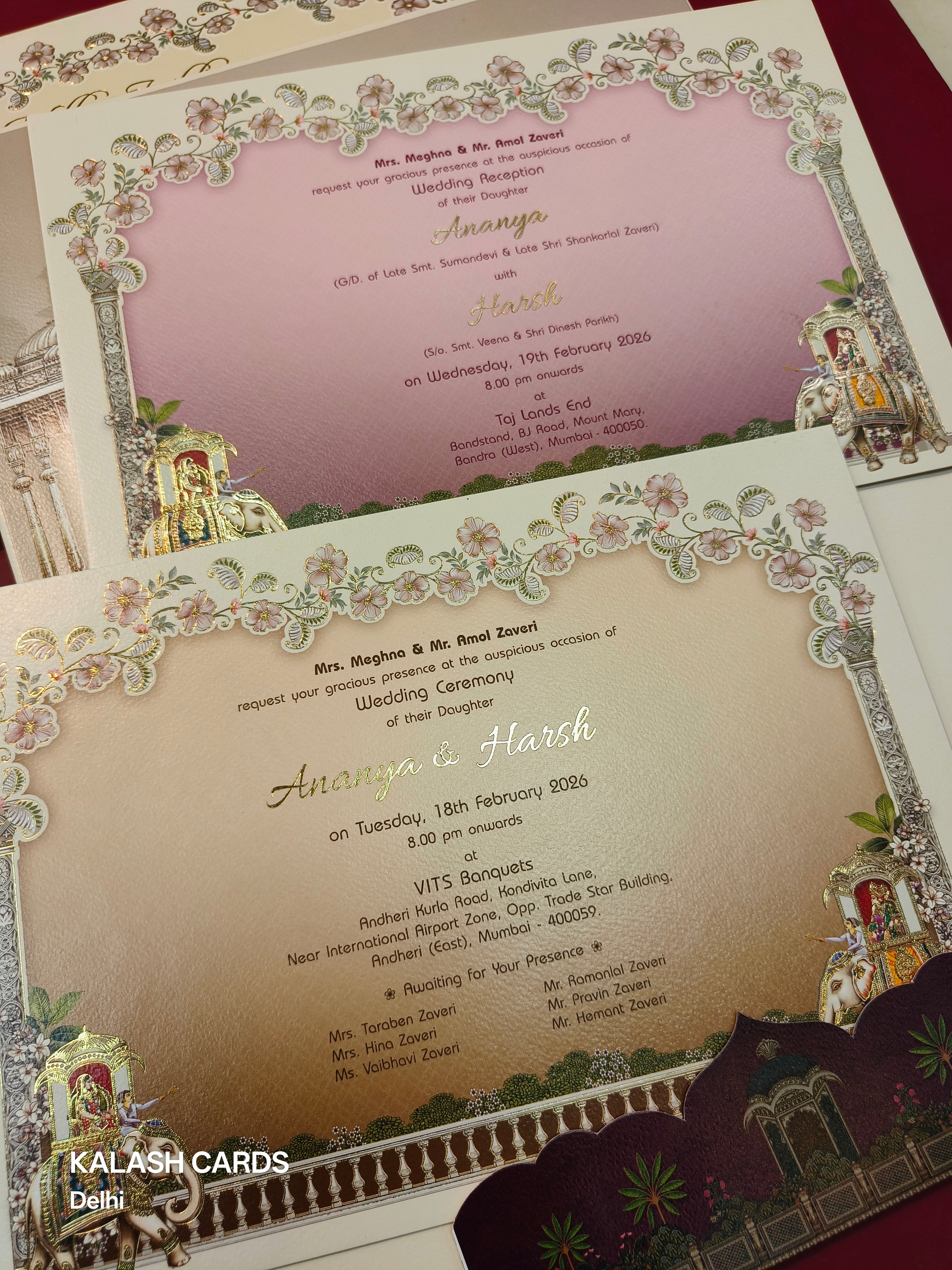 KLB523 Royal Elephant Theme Laser Cut Work Hardboard Padding Thick Wedding Card (2 Thick Page & Acrylic Couple Initial)-Kalash Cards