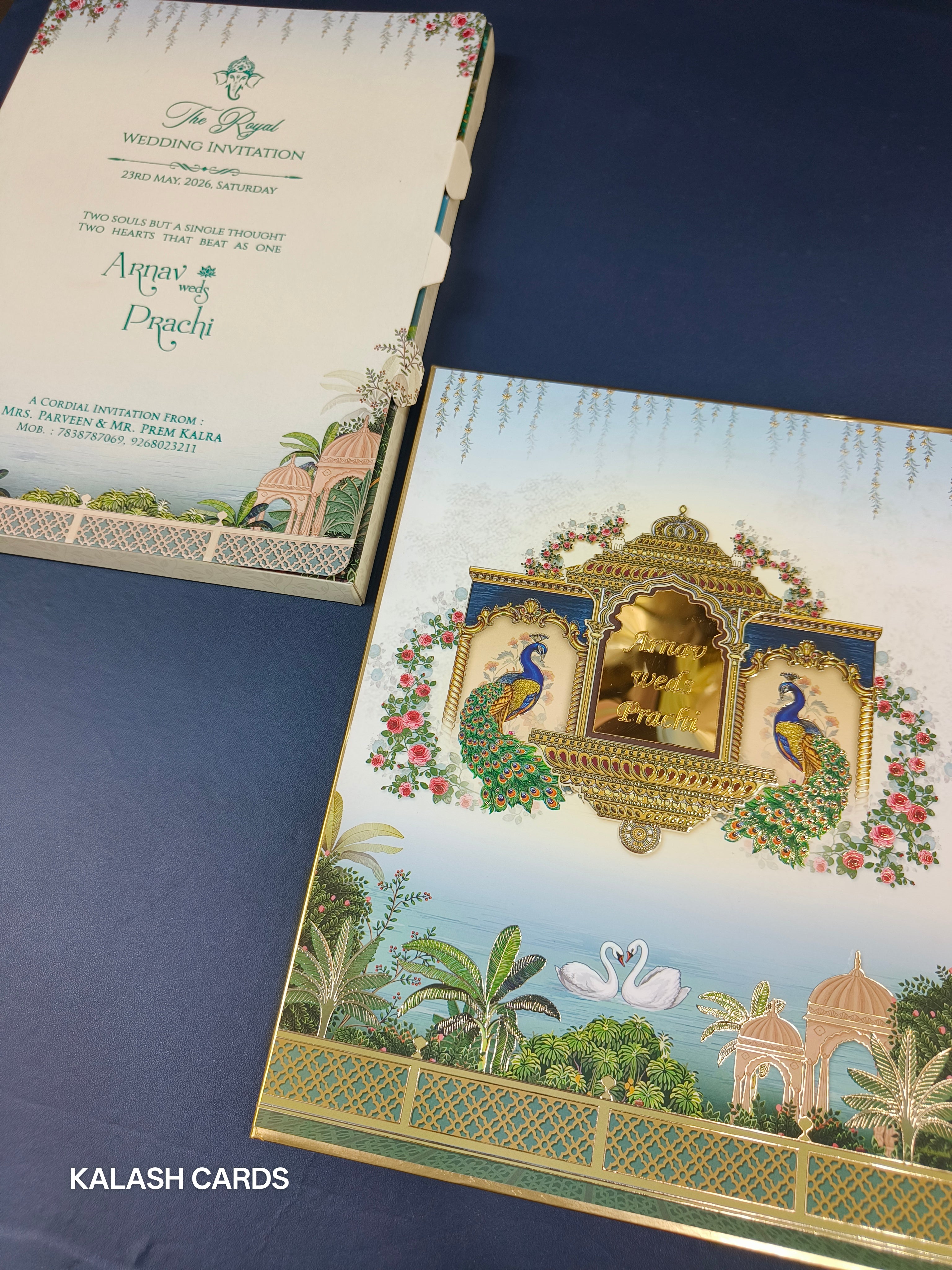 KLB512 Peacock Theme Hardboard Padding Thick Wedding Card (2 Page & 1 Etched Mirror)-Kalash Cards