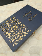KL9003 Royal Blue Floral Design Lasercut Wedding Box with Laser Cut Couple Name and 2 Fold Page Card-Kalash Cards