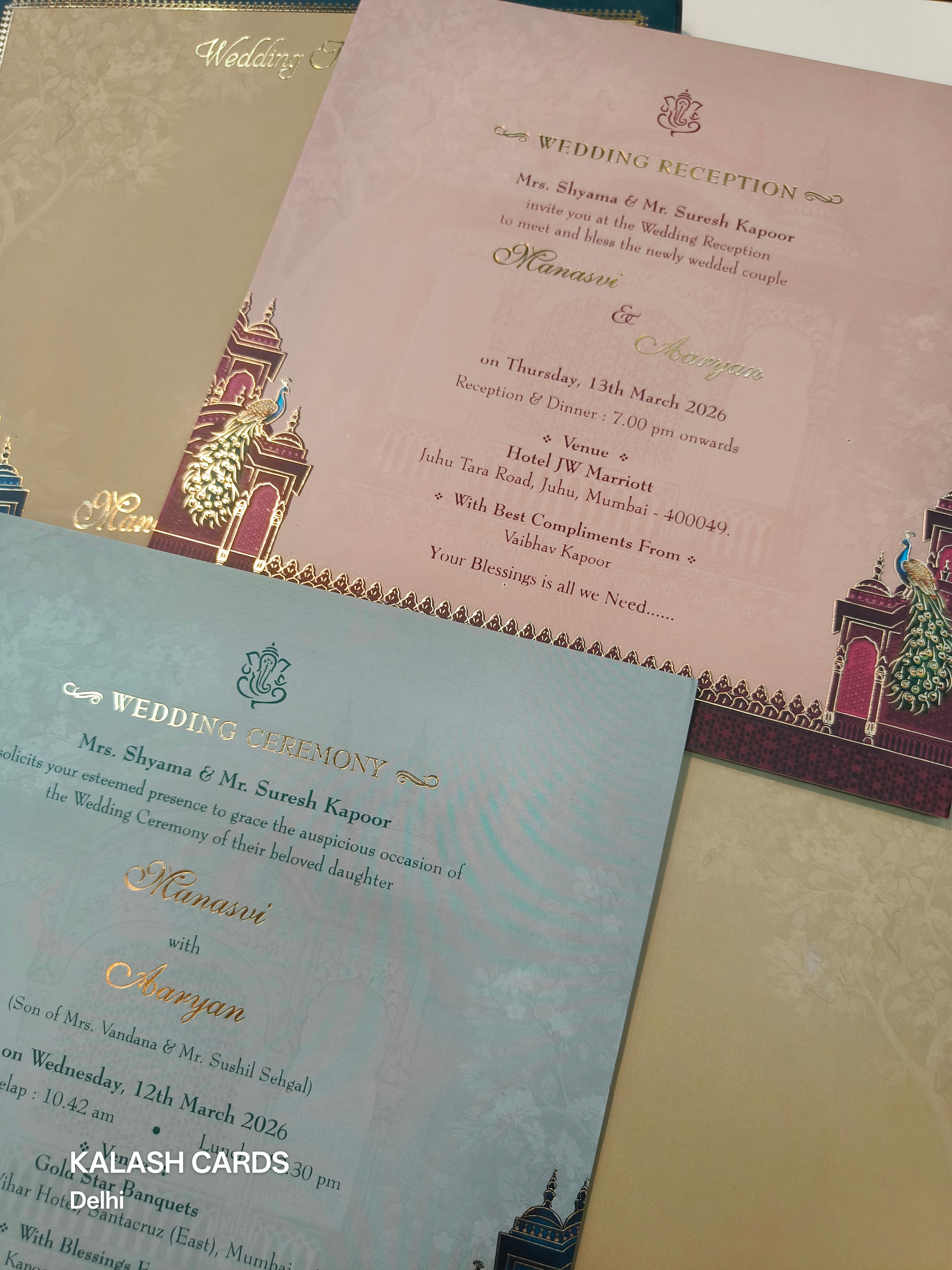 KLB515 Royal Blue Peacock Theme Glitter Gold Laser Cut Work Hardboard Padding Thick Wedding Card (2 Thick Page)-Kalash Cards