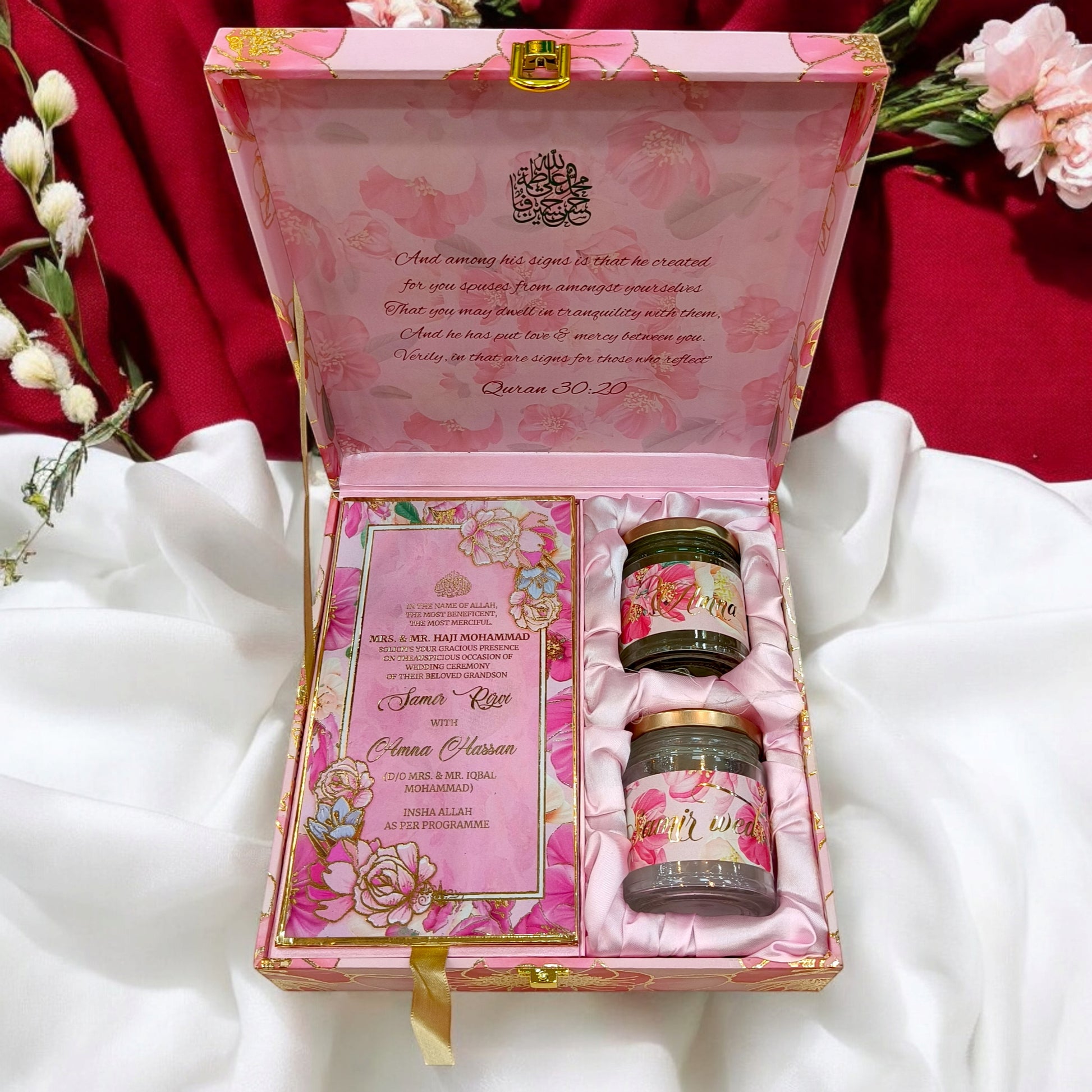 KL9039B Red Floral Design Luxury MDF Gift Box with 2 Foil Printed Inserts (2 Jars)-Kalash Cards