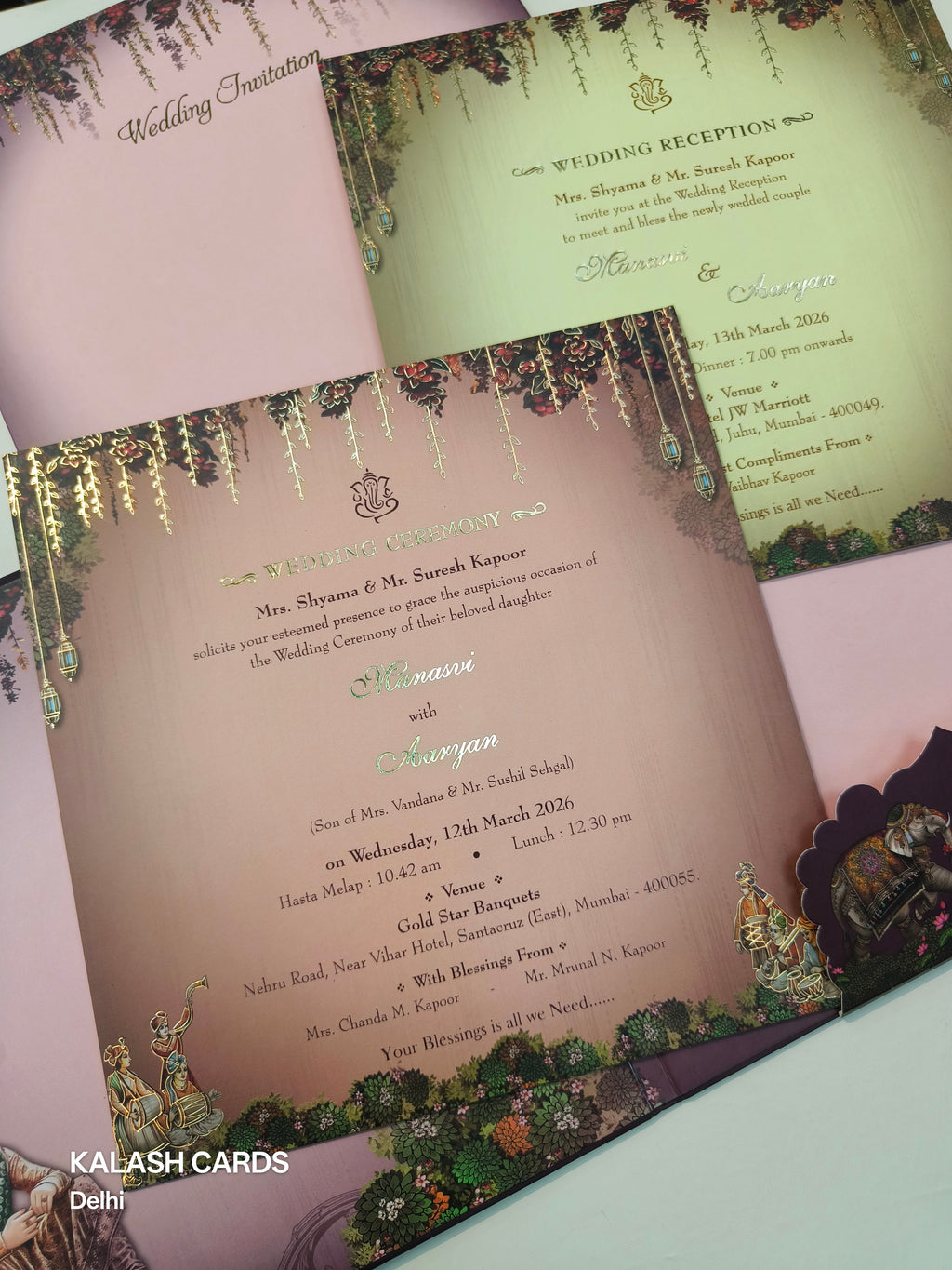 KLB512 Royal Barat Theme Glitter Gold Laser Cut Work Hardboard Padding Thick Wedding Card (2 Thick Page)-Kalash Cards