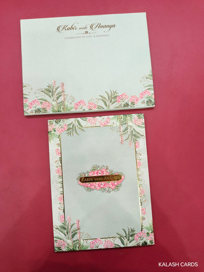 KLB696* Luxury Floral Border Design Hardbound Padding Thick Wedding Card with Couple Name Acrylic Mirror-Kalash Cards