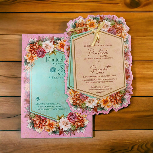 KLB582 Flowers Design Paper Wedding Card with 2 Inserts & 1 Transparent Insert-Kalash Cards