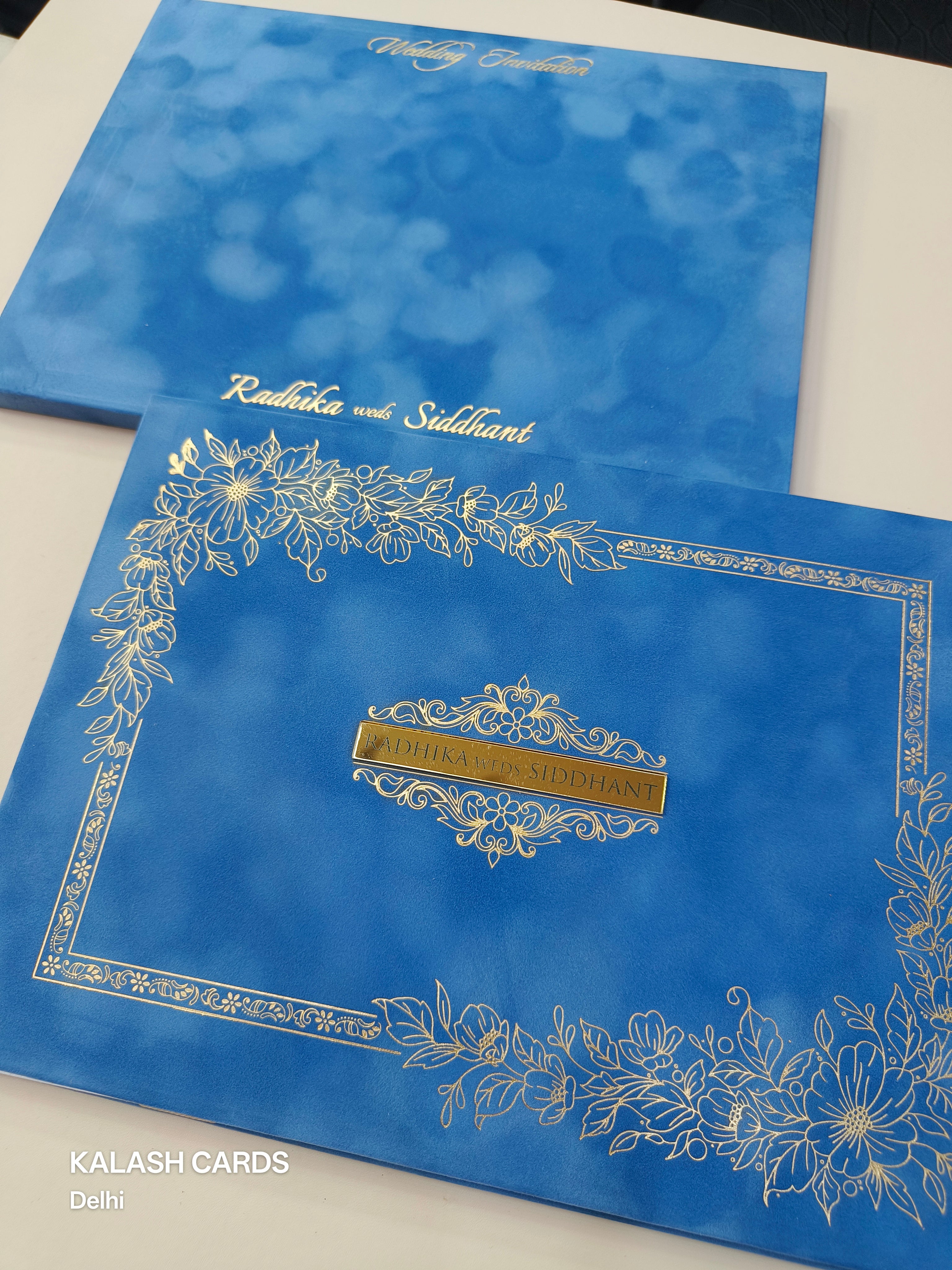KLB506 Royal Floral Theme Velvet Hardboard Padding Thick Wedding Card (2 Page)-Kalash Cards