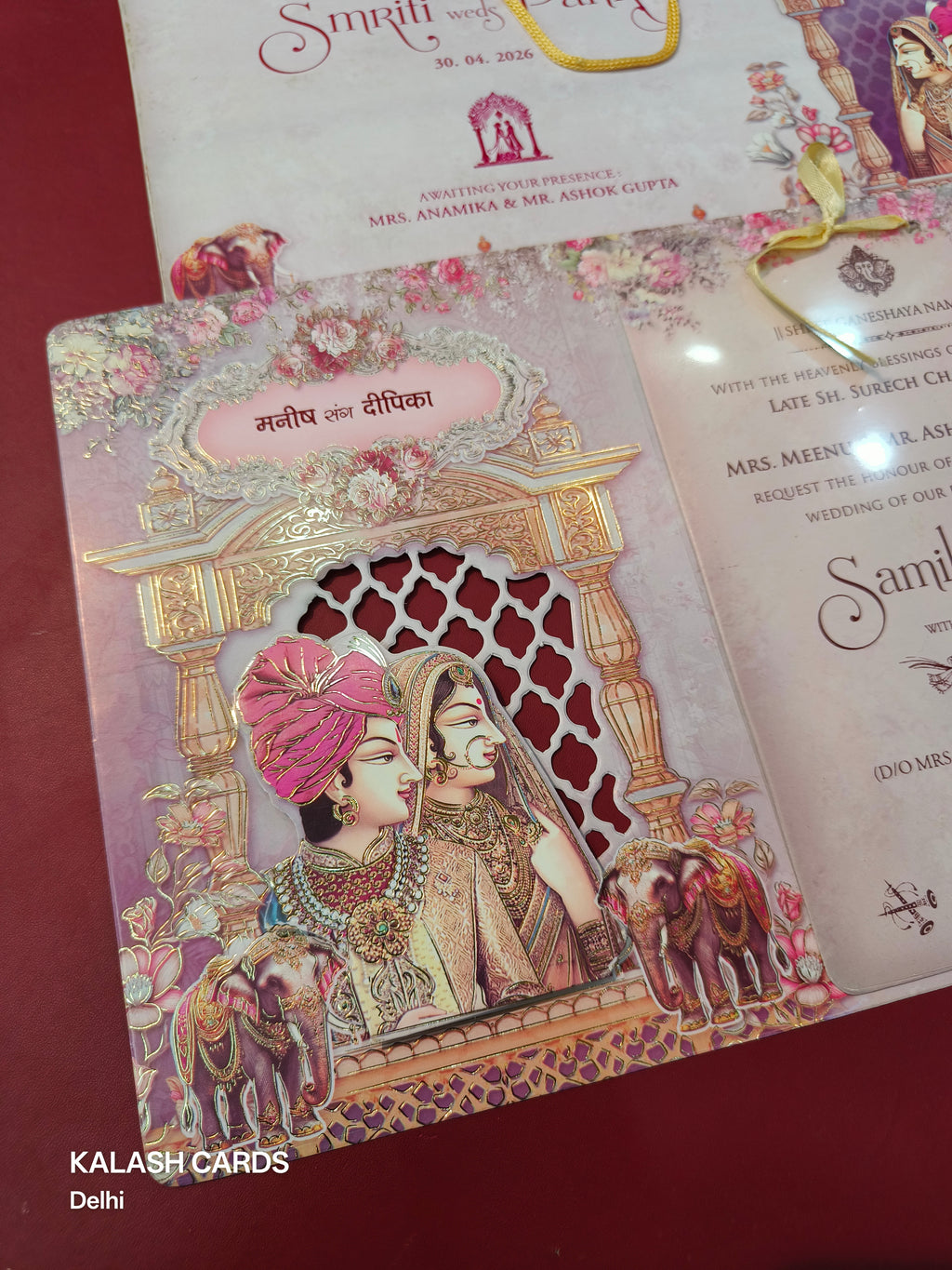 KLB579 Carry Bag Style Cut Work Raja Rani Design Paper Wedding Card (2 Page & 1 Transparent PVC)-Kalash Cards