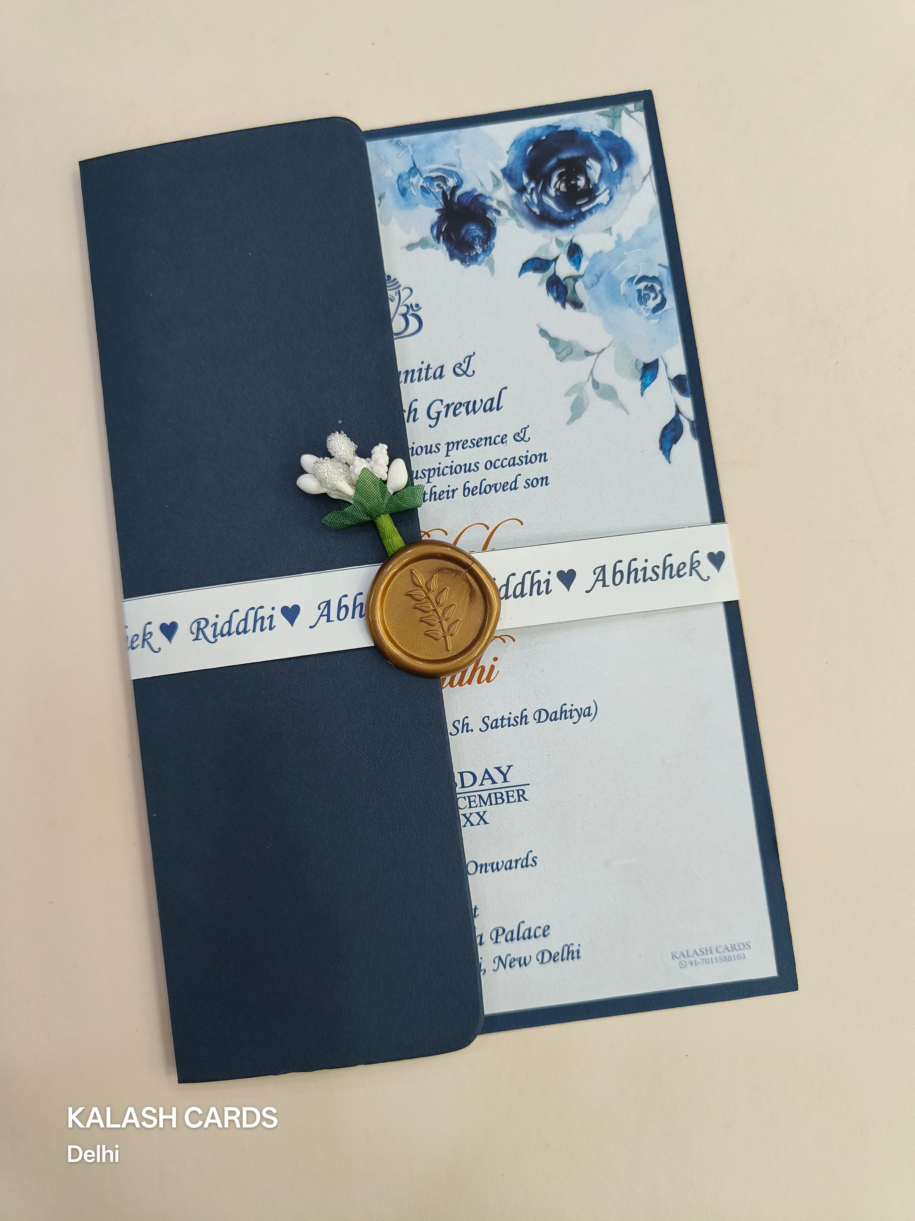 KL2176 Floral Theme Minimal Wedding Card with Flower Seal & Band (1 Page) - Pack of 10 Qty-Kalash Cards