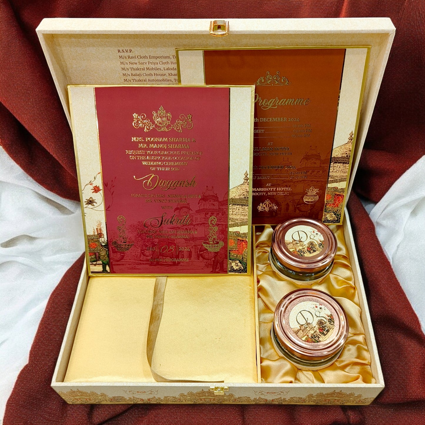 KL2166 Traditional Elephant Fort Theme MDF Wedding Gift Box with Customisable 2 Gold Foil Printed Cards (2 Jars)-Kalash Cards