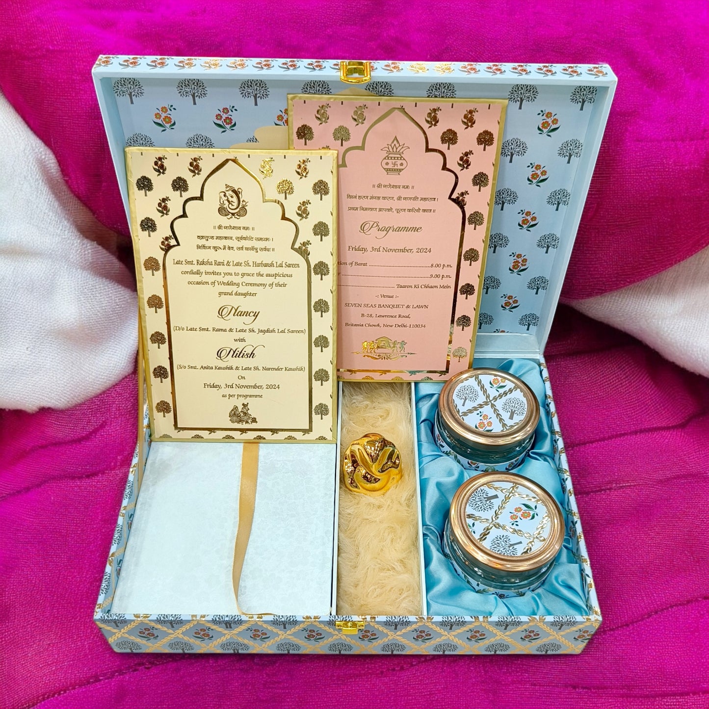 KL220 Floral Damask Design MDF Wedding Gift Box with Customisable 2 Gold Foil Printed Cards and Ganpati Murti (2 Jars)-Kalash Cards