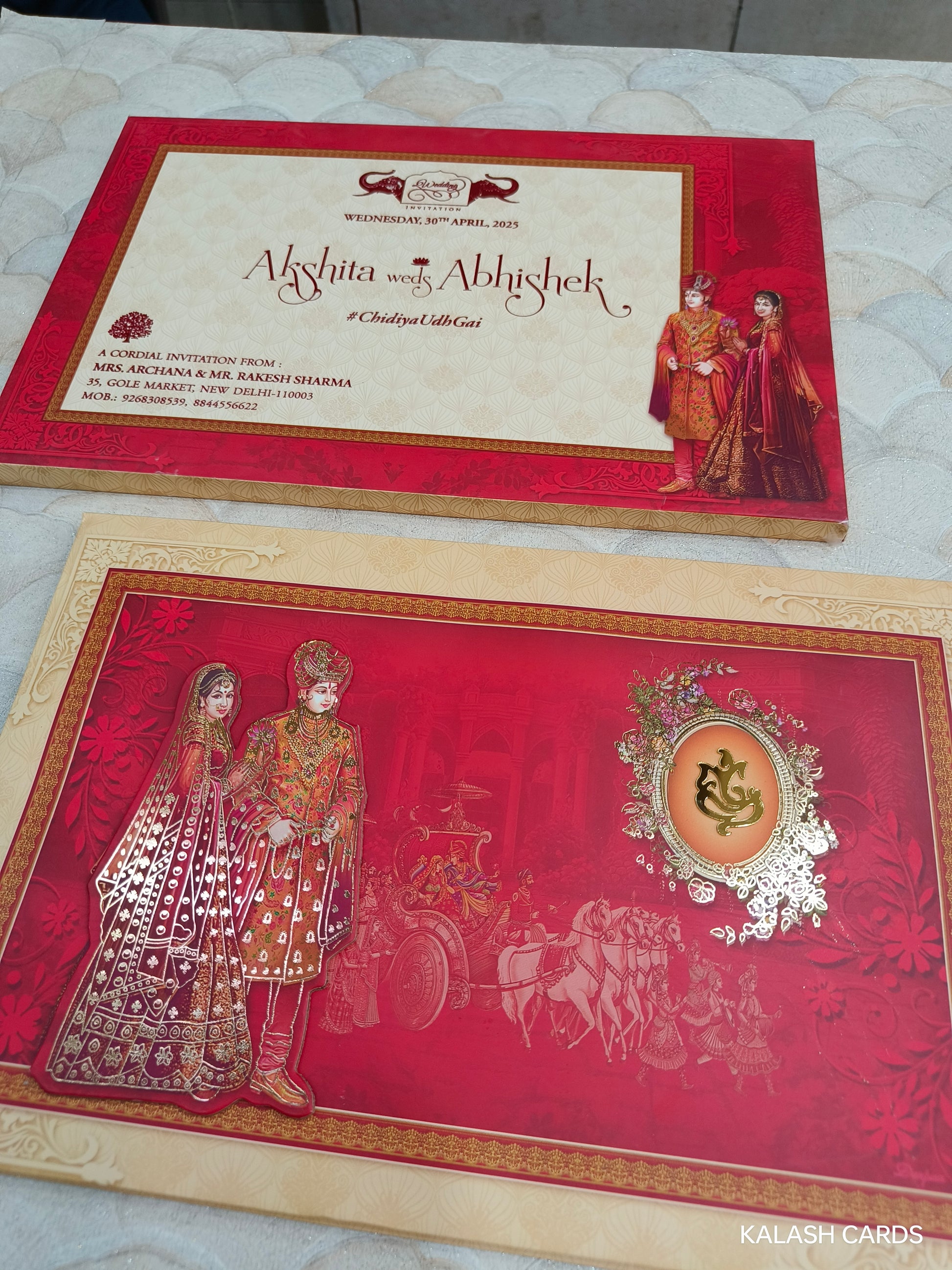 KLB737 Raja Rani Traditional Design Hardbound Padding Thick Indian Wedding Card-Kalash Cards