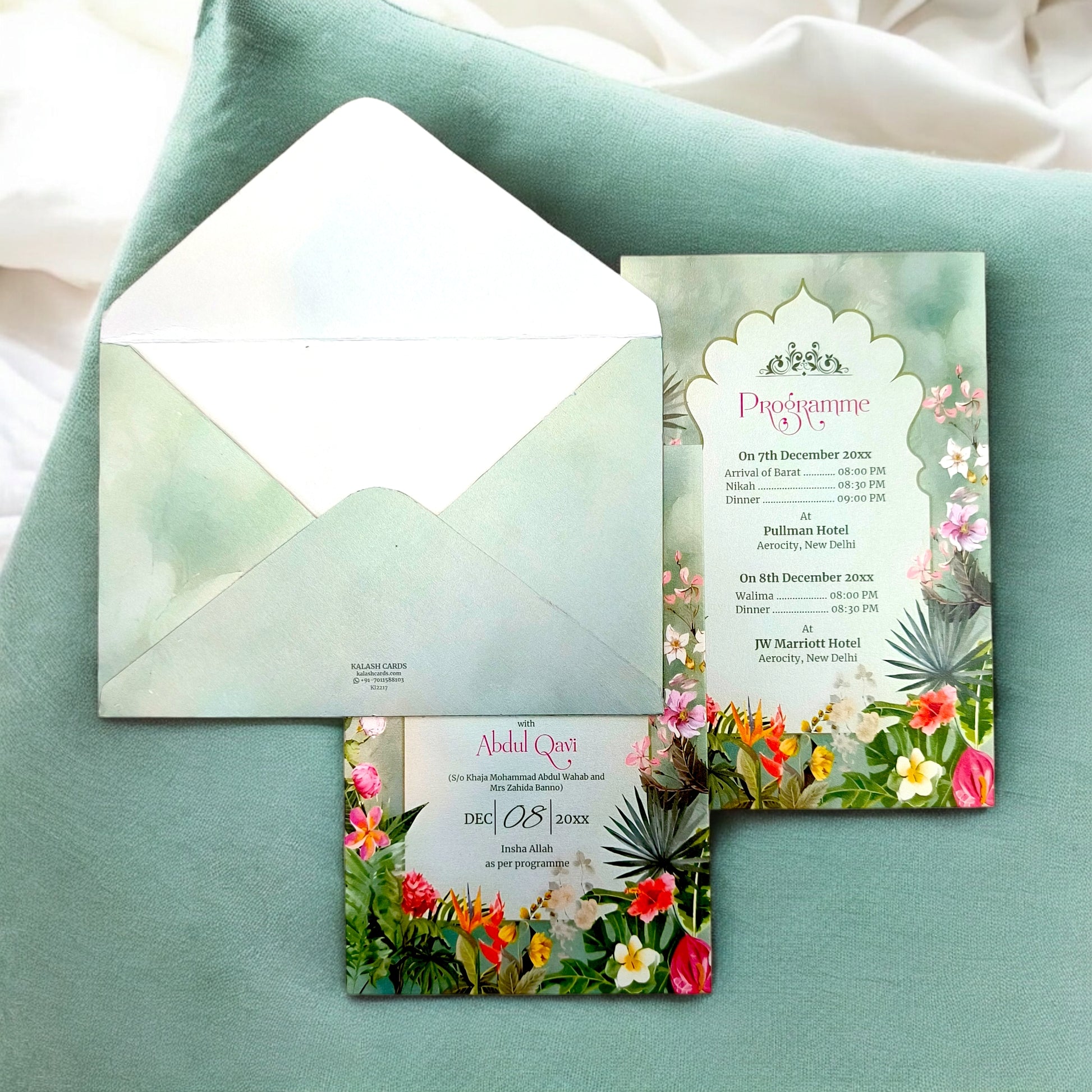 KL2217 Green Floral Border Luxury Wedding Invitation Card with 2 Printed Cards and Matching Envelope-Kalash Cards