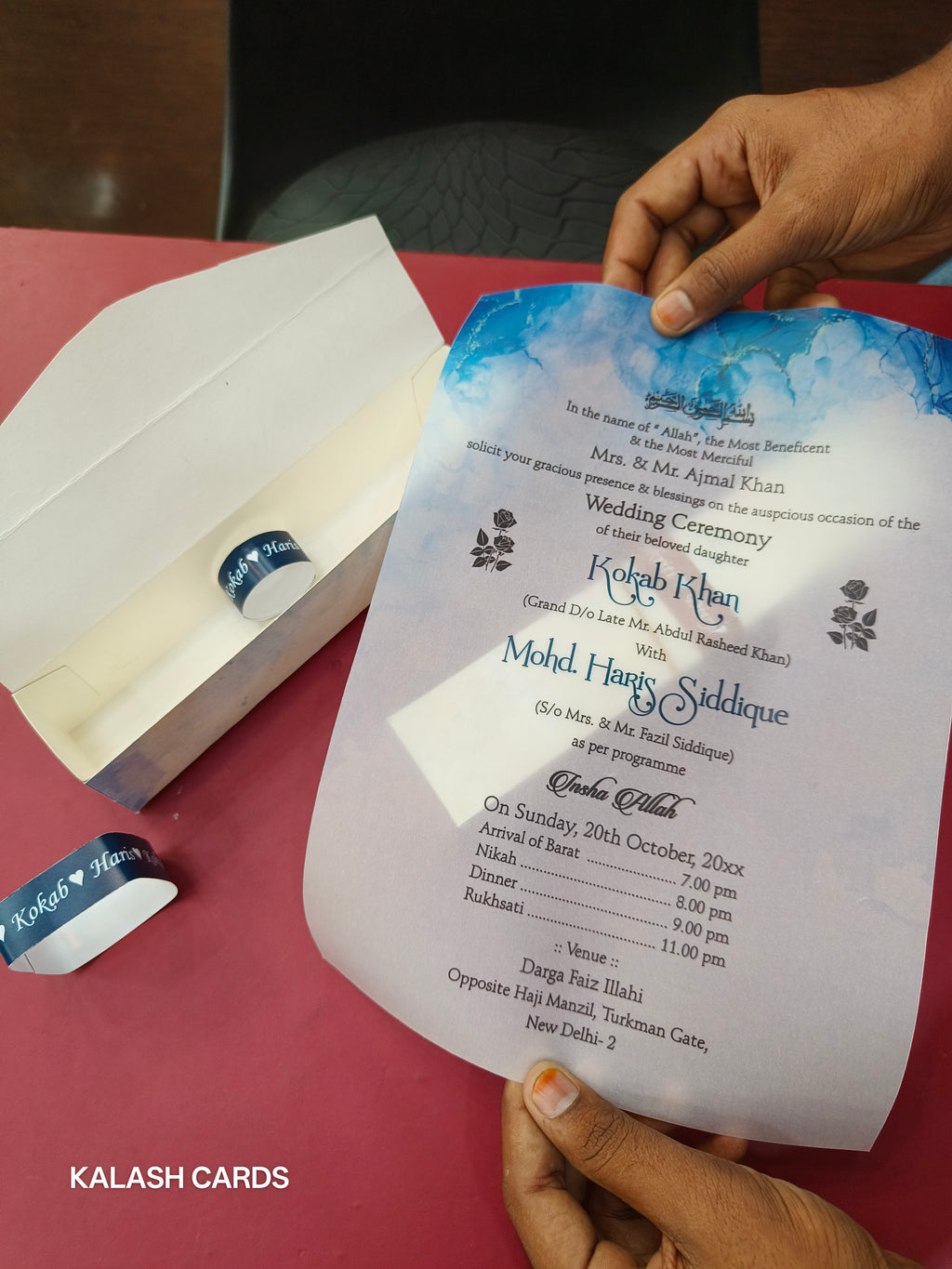 KL2115 Luxury Translucent Scroll Wedding Card with Matching Box Cover and Personalised Band-Kalash Cards