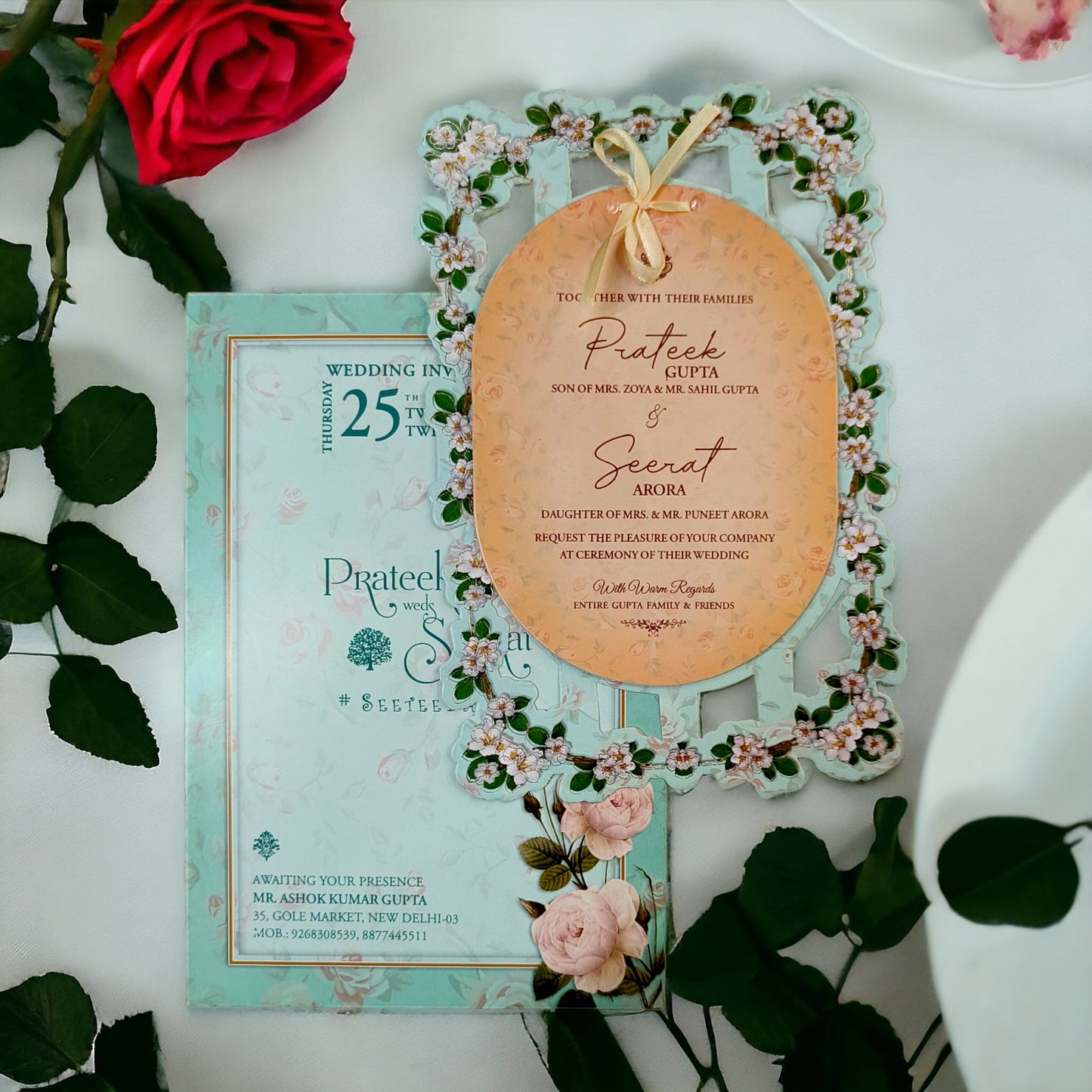 KLB584 Floral Design Paper Wedding Card with 2 Inserts & 1 Transparent Insert-Kalash Cards