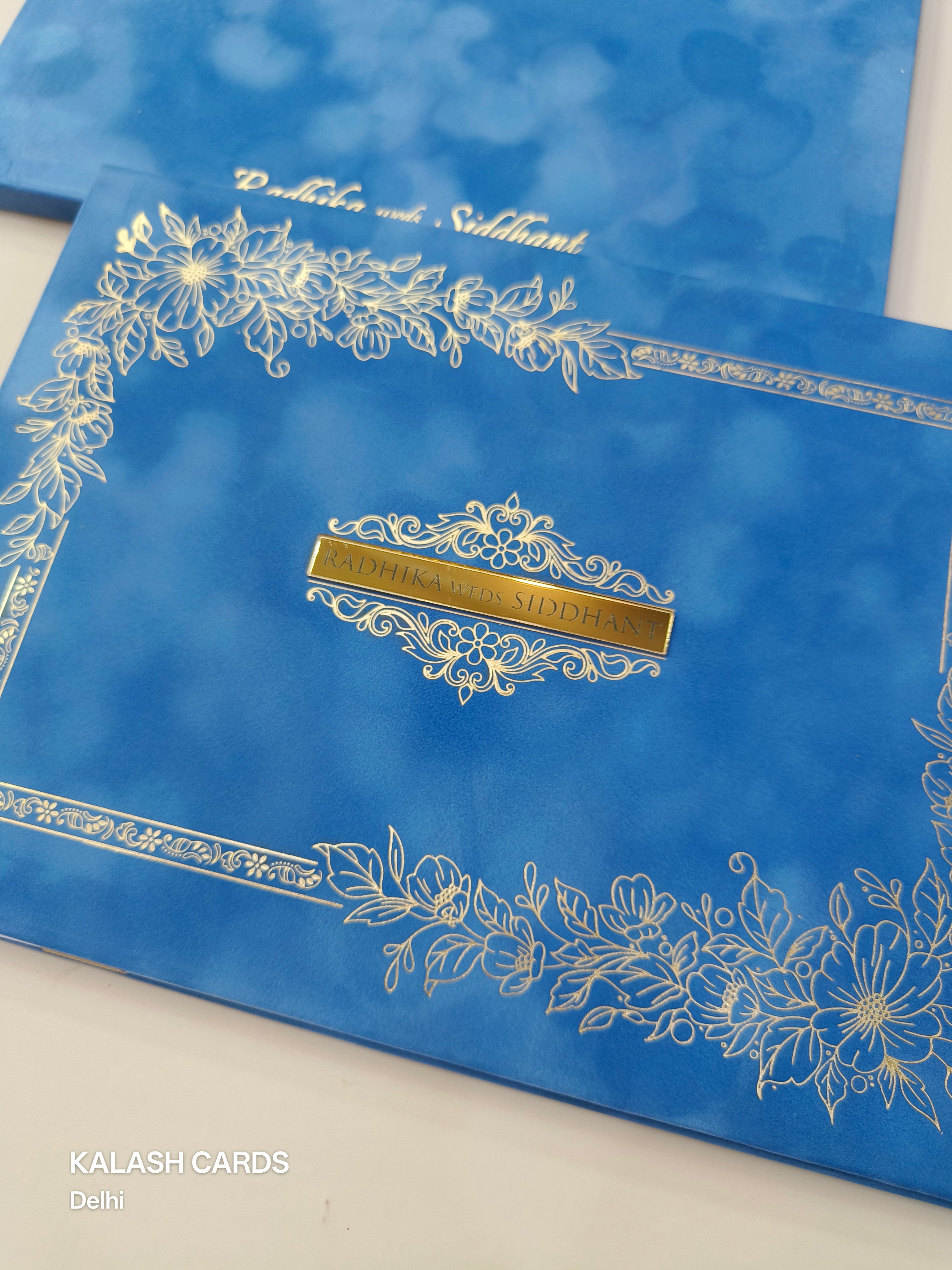 KLB506 Royal Floral Theme Velvet Hardboard Padding Thick Wedding Card (2 Page)-Kalash Cards