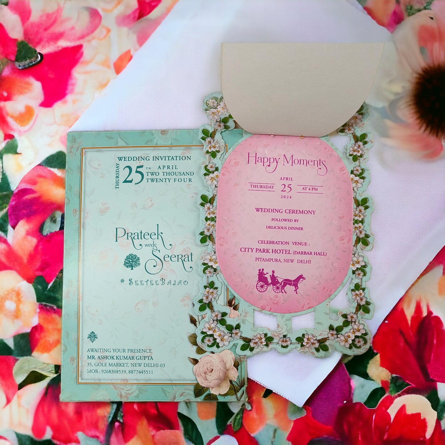 KLB584 Floral Design Paper Wedding Card with 2 Inserts & 1 Transparent Insert-Kalash Cards