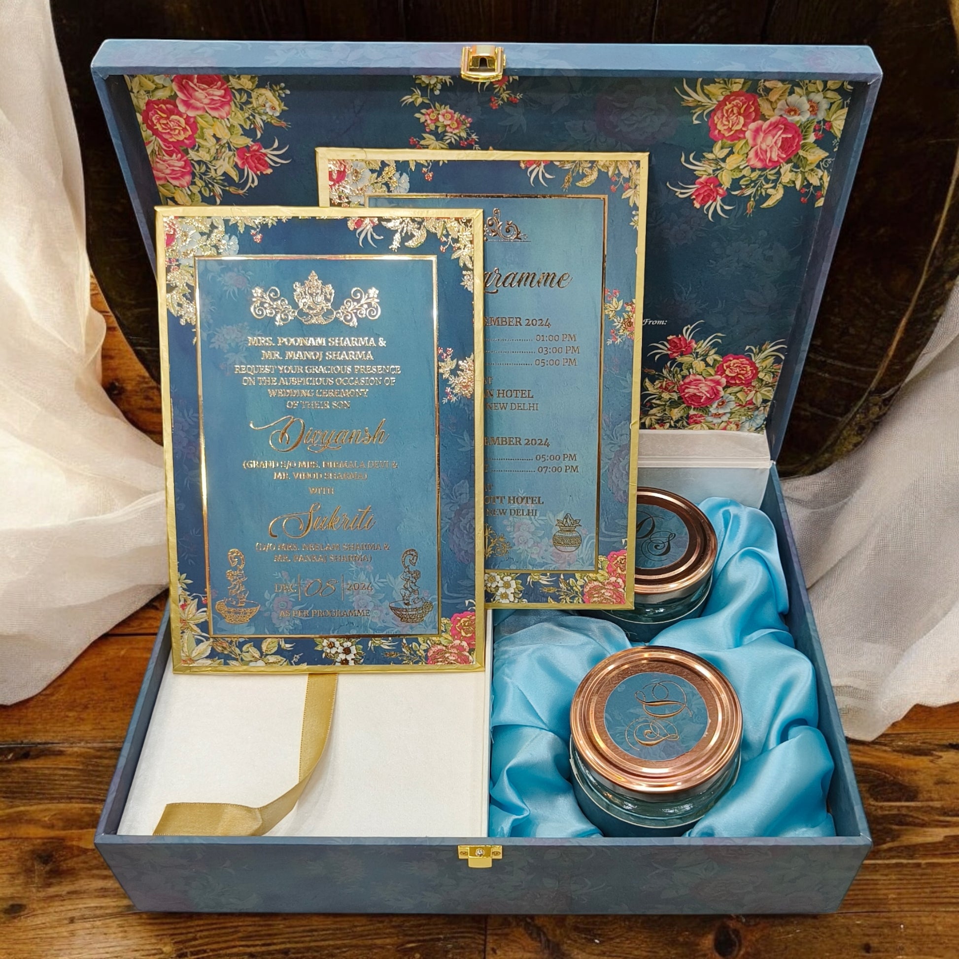 KL2136 Royal Fort Design MDF Wedding Gift Box with Customisable 2 Gold Foil Printed Cards (2 Jars)-Kalash Cards