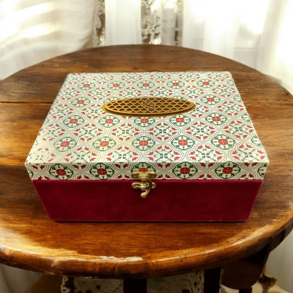 KL9115 Velvet Fabric Mithai and Dry Fruit MDF Wedding Gift Box with 2 Card Inserts (4 Jars)-Kalash Cards