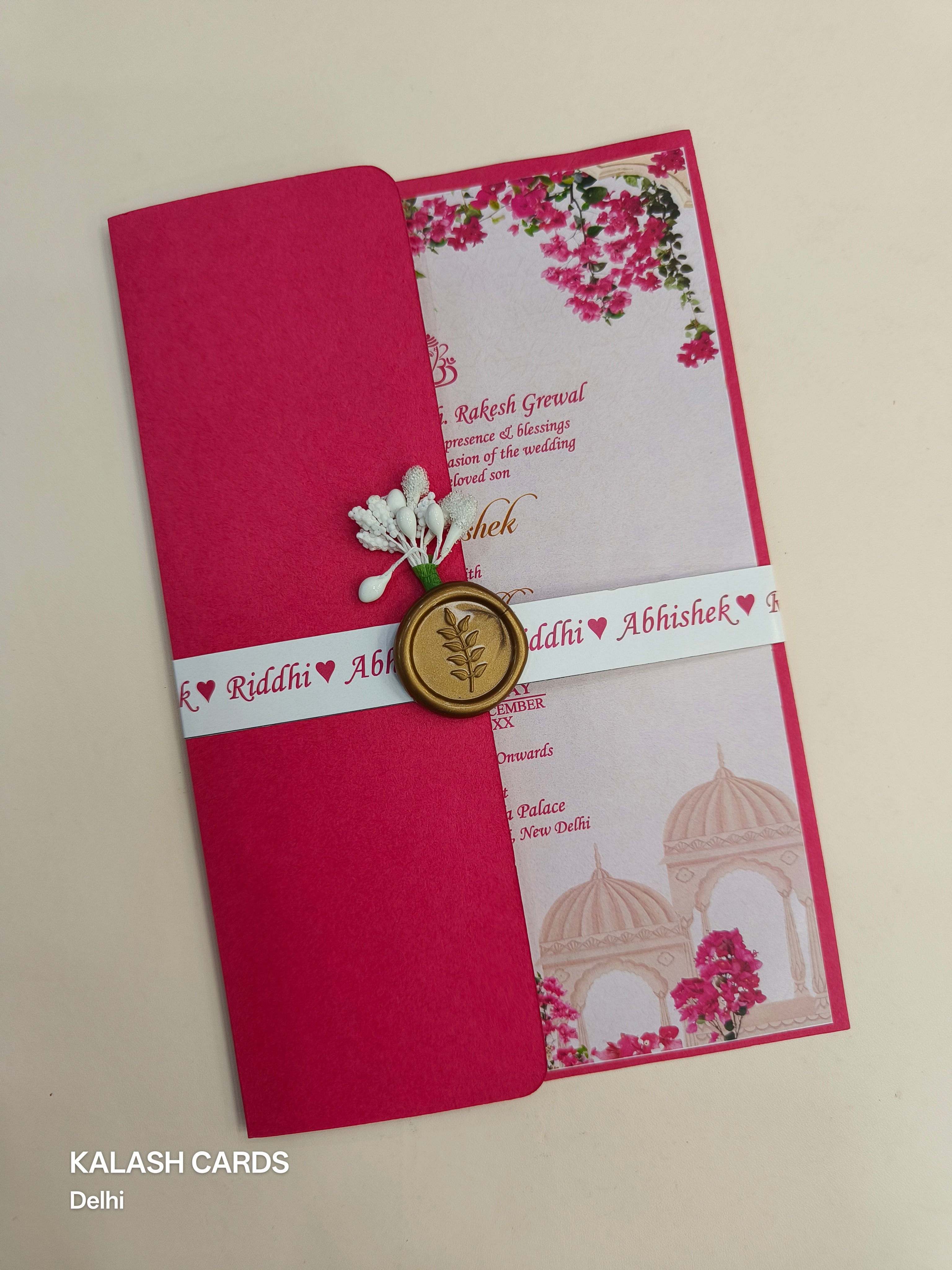 KL2156 Floral Theme Minimal Wedding Card with Flower Seal & Band (1 Page) - Pack of 10 Qty-Kalash Cards