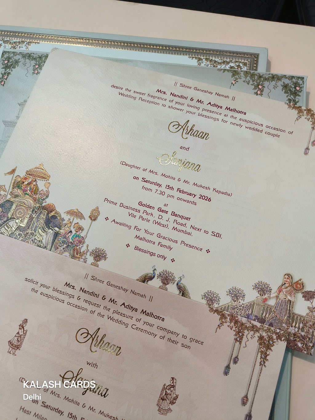 KLB520 Pastel Green Royal Barat Theme Laser Cut Work Hardboard Padding Thick Wedding Card (2 Thick Page)-Kalash Cards