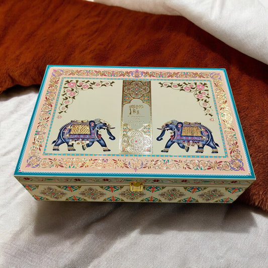 KL2206 Traditional Elephant Design MDF Wedding Gift Box with Customisable 2 Gold Foil Printed Cards (2 Jars)-Kalash Cards