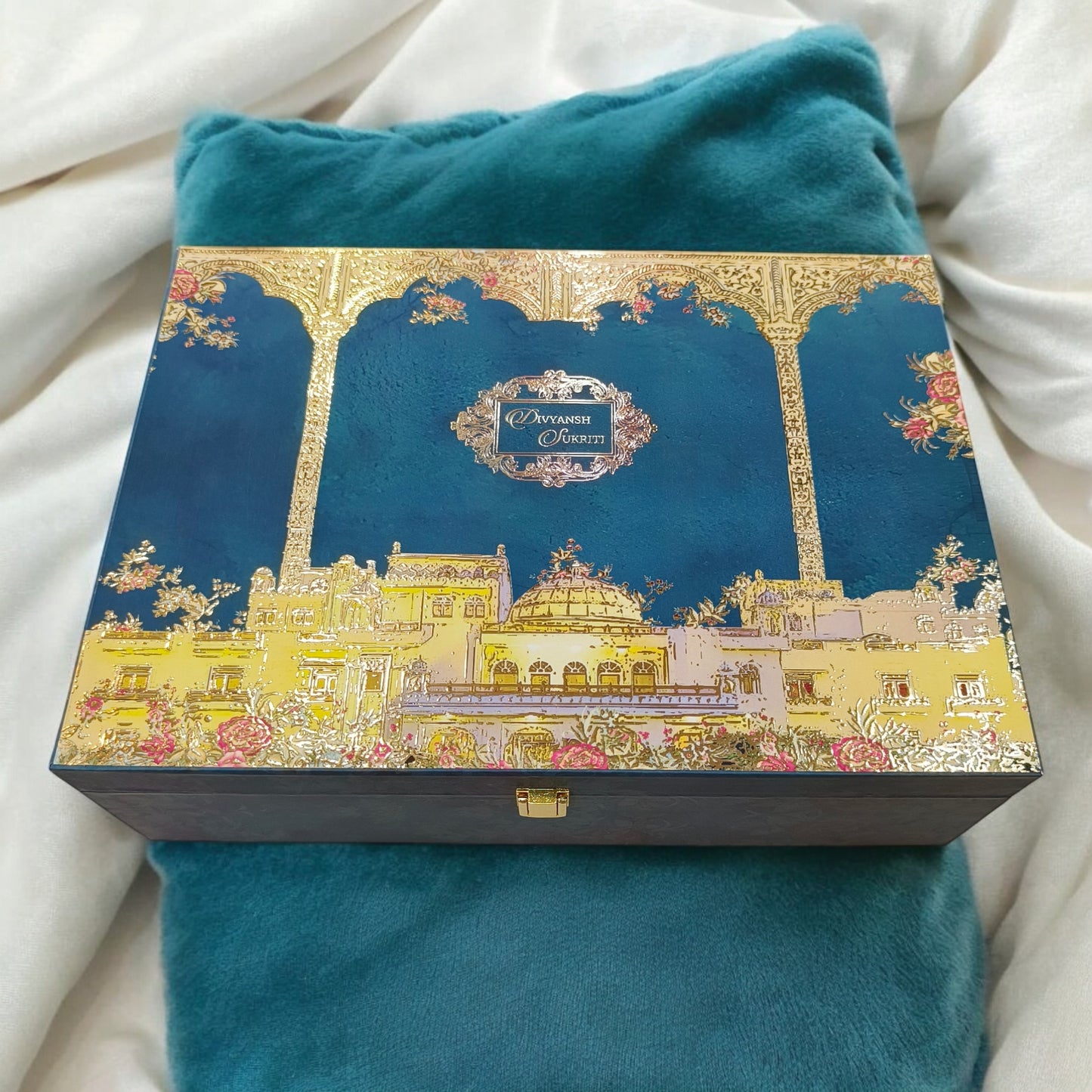 KL2136 Royal Fort Design MDF Wedding Gift Box with Customisable 2 Gold Foil Printed Cards (2 Jars)-Kalash Cards