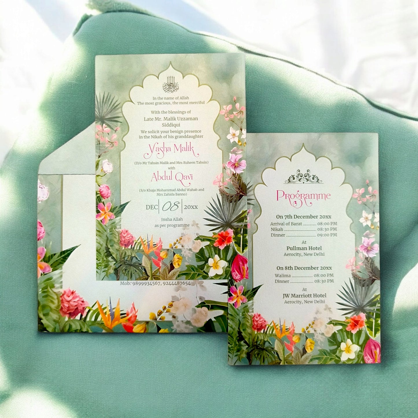 KL2217 Green Floral Border Luxury Wedding Invitation Card with 2 Printed Cards and Matching Envelope-Kalash Cards