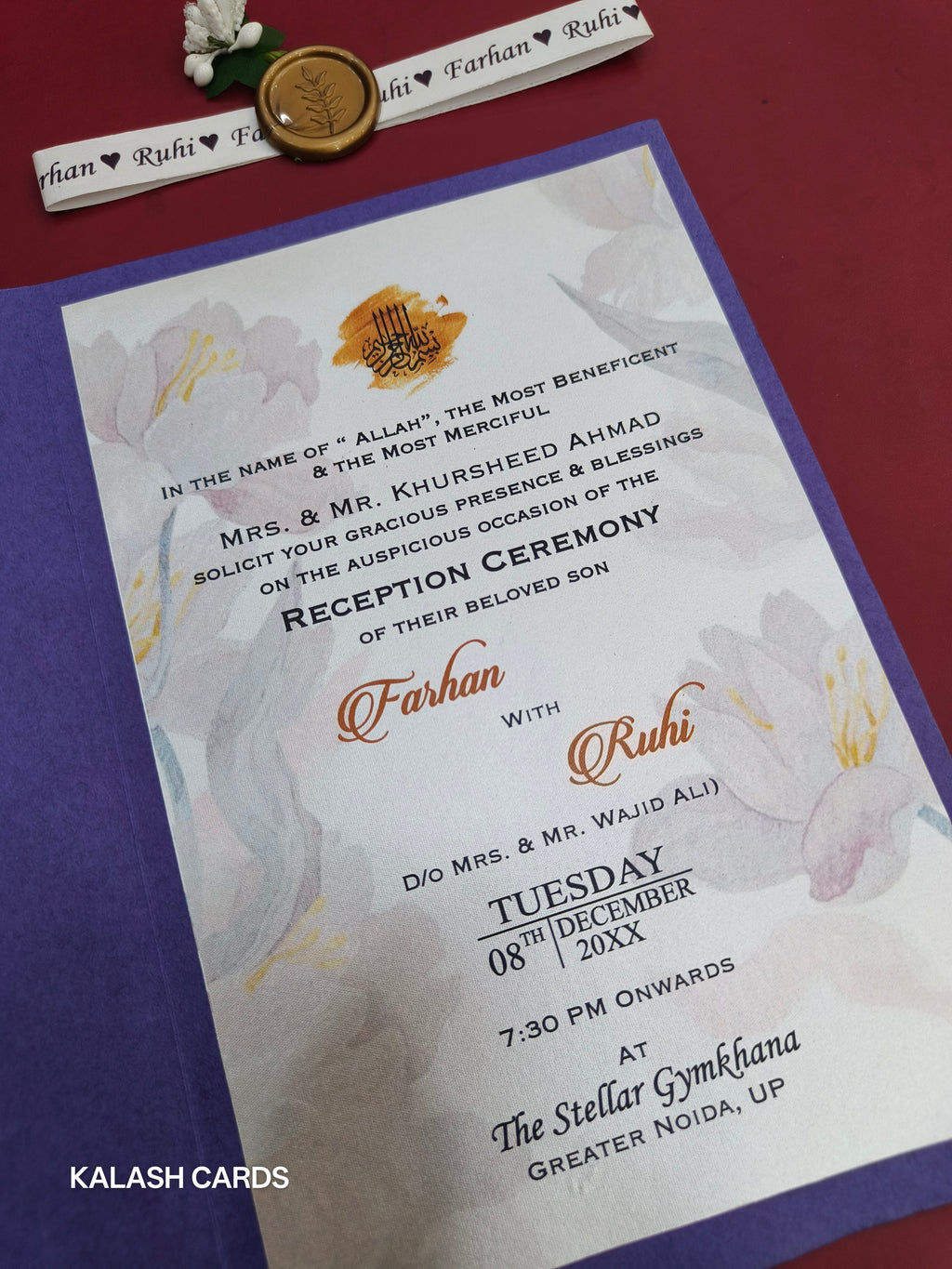 KL2128 Minimal Floral Design Wedding Card with Flower Seal and Band (1 Page)-Kalash Cards