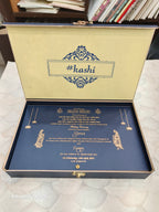 KL9003 Royal Blue Floral Design Lasercut Wedding Box with Laser Cut Couple Name and 2 Fold Page Card-Kalash Cards
