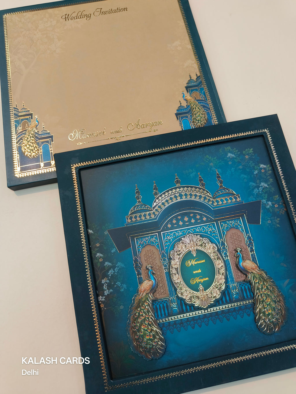 KLB515 Royal Blue Peacock Theme Glitter Gold Laser Cut Work Hardboard Padding Thick Wedding Card (2 Thick Page)-Kalash Cards