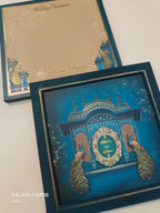 KLB515 Royal Blue Peacock Theme Glitter Gold Laser Cut Work Hardboard Padding Thick Wedding Card (2 Thick Page)-Kalash Cards